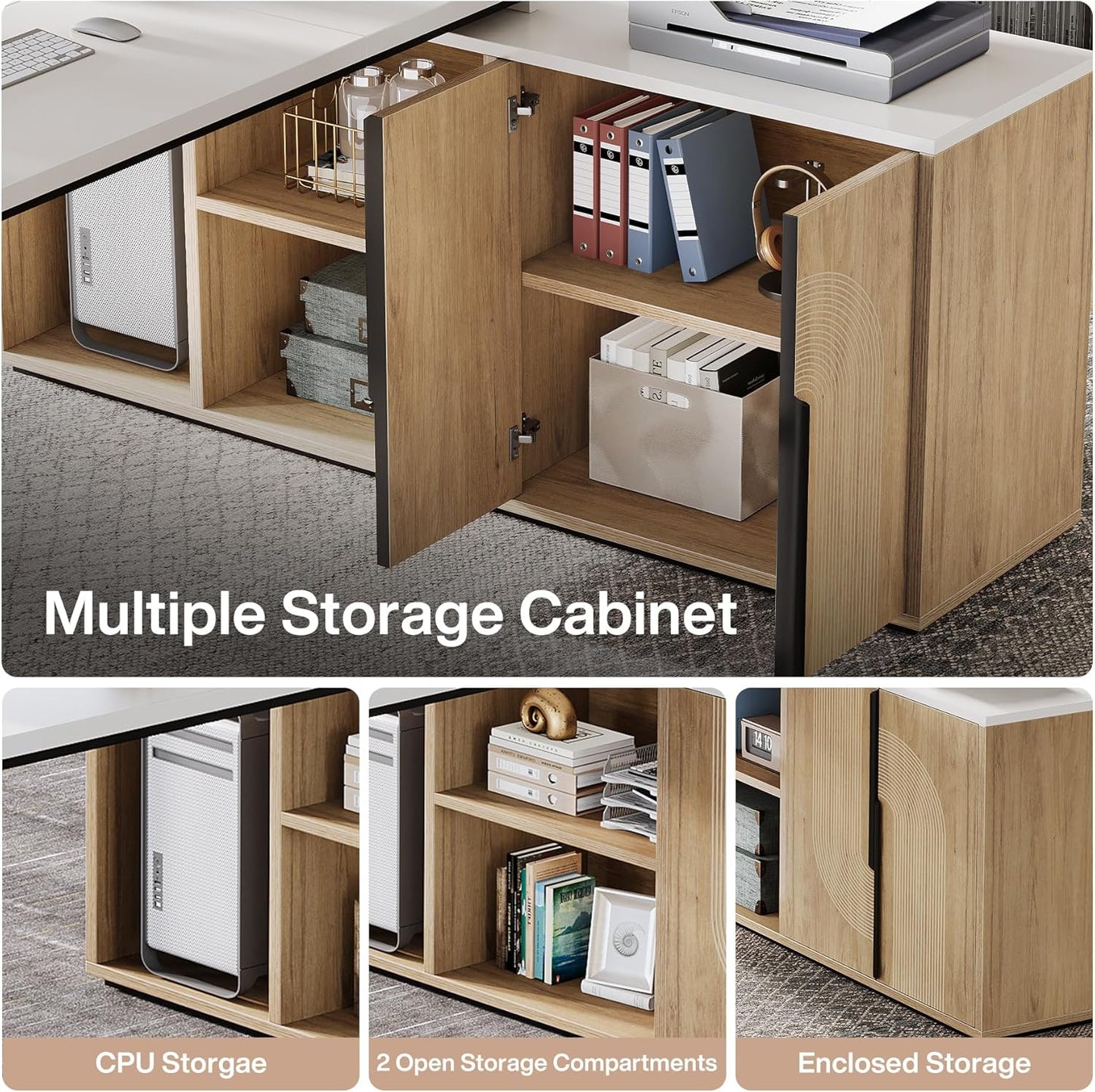 White and wood L shaped executive desk with cabinet and CPU storage, view 7