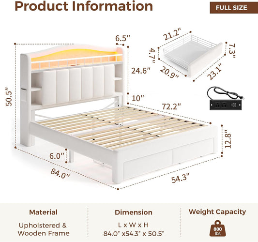 Queen Size Bed Frame with LED Storage Headboard & 2 Storage Drawers, Velvet Upholstered Bed with Vertical Tufted Headboard Design, USB & Type-C Charging Ports, Wooden Slats Support, Noise-Free, Beige