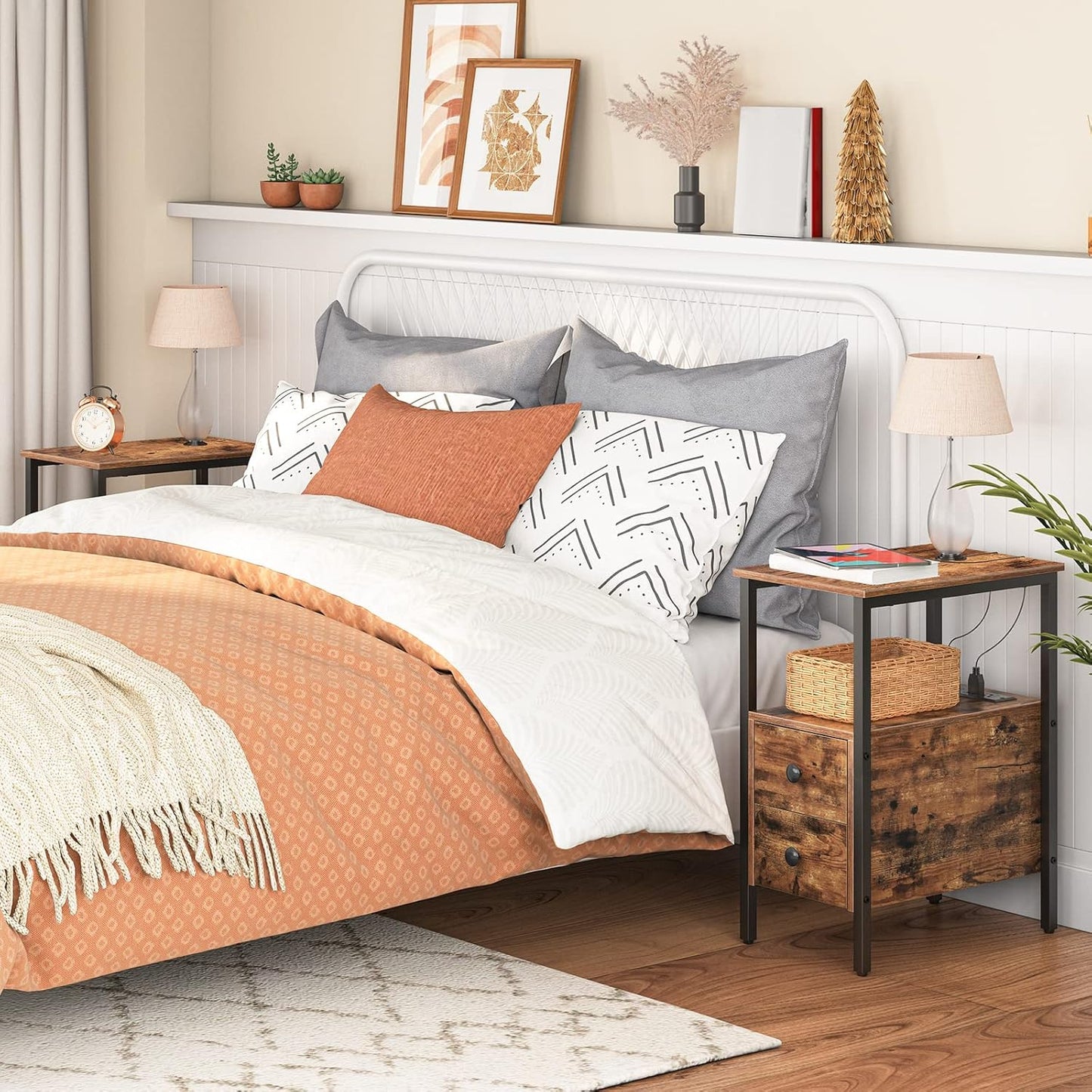 End Table with Charging Station, Narrow Side Table with 2 Drawer & USB Ports & Power Outlets, Nightstand for Small Spaces, for Living Room, Bedroom, Rustic Brown and Black BF541BZ01