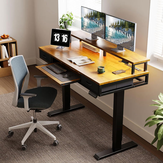 Electric Standing Desk with Drawers & Keyboard Tray, 55 Inch Height Adjustable Gaming Desk with Power Outlets & LED Lights, Sit Stand Table with Monitor Stand for Home, Office, Rustic Brown