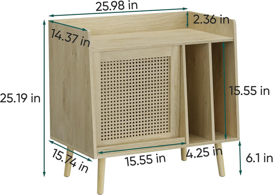 Record Player Stand with Vinyl Storage, Record Player Table with Rattan Cabinet Door, Vinyl Record Holder with Display Area, Side Table with Solid Wood Legs for Turntables for Living Room