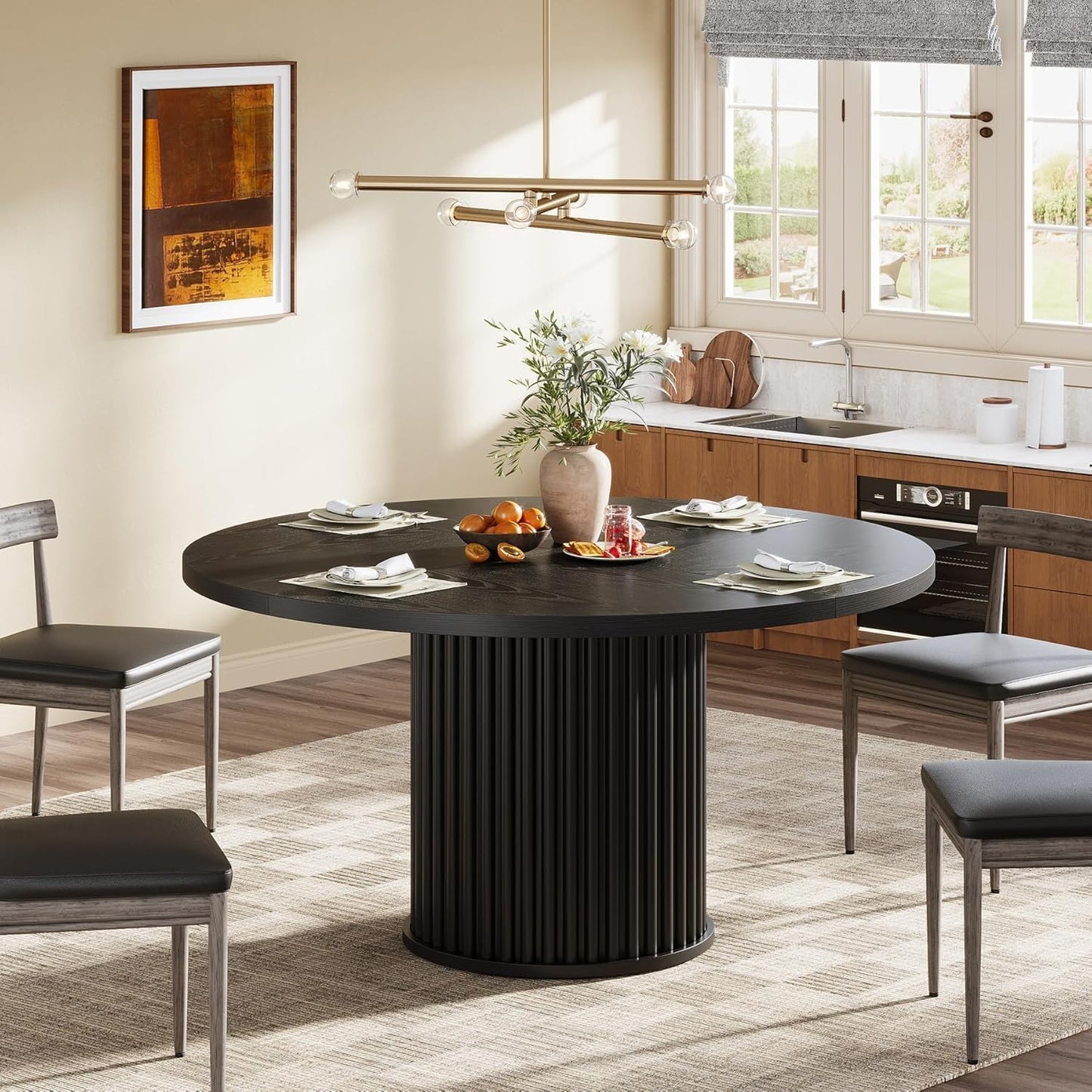 Black round Dining Table for 4-6 People, 47.24-Inch Circle Kitchen Table with Sturdy Fluted MDF + Metal Base, Modern Home Dining Room Furniture, Black