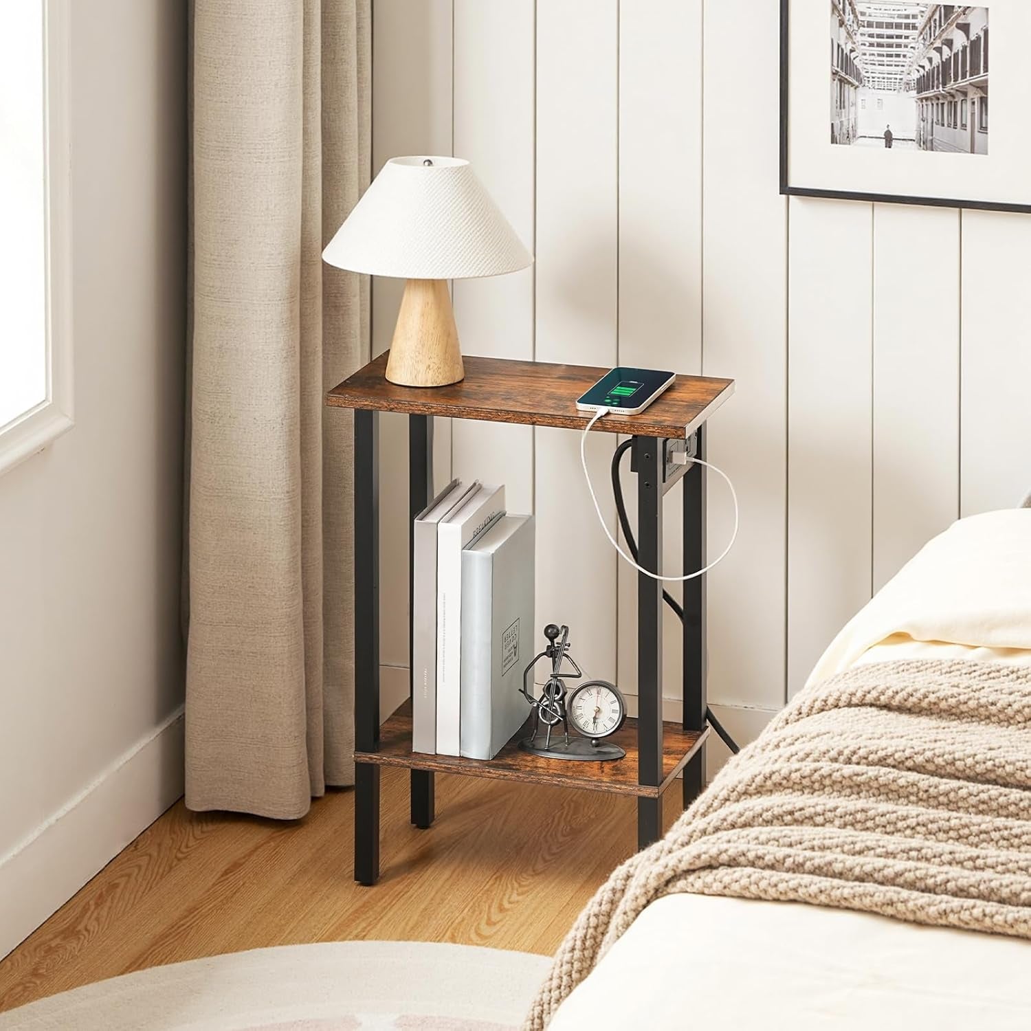 Small End Table with Charging Station, Set of 2, Narrow Side Table with USB Port and Outlets, Skinny Sofa Table, Slim Nightstand, Living Room, Bedroom, Greige and Black BG240UBZP201