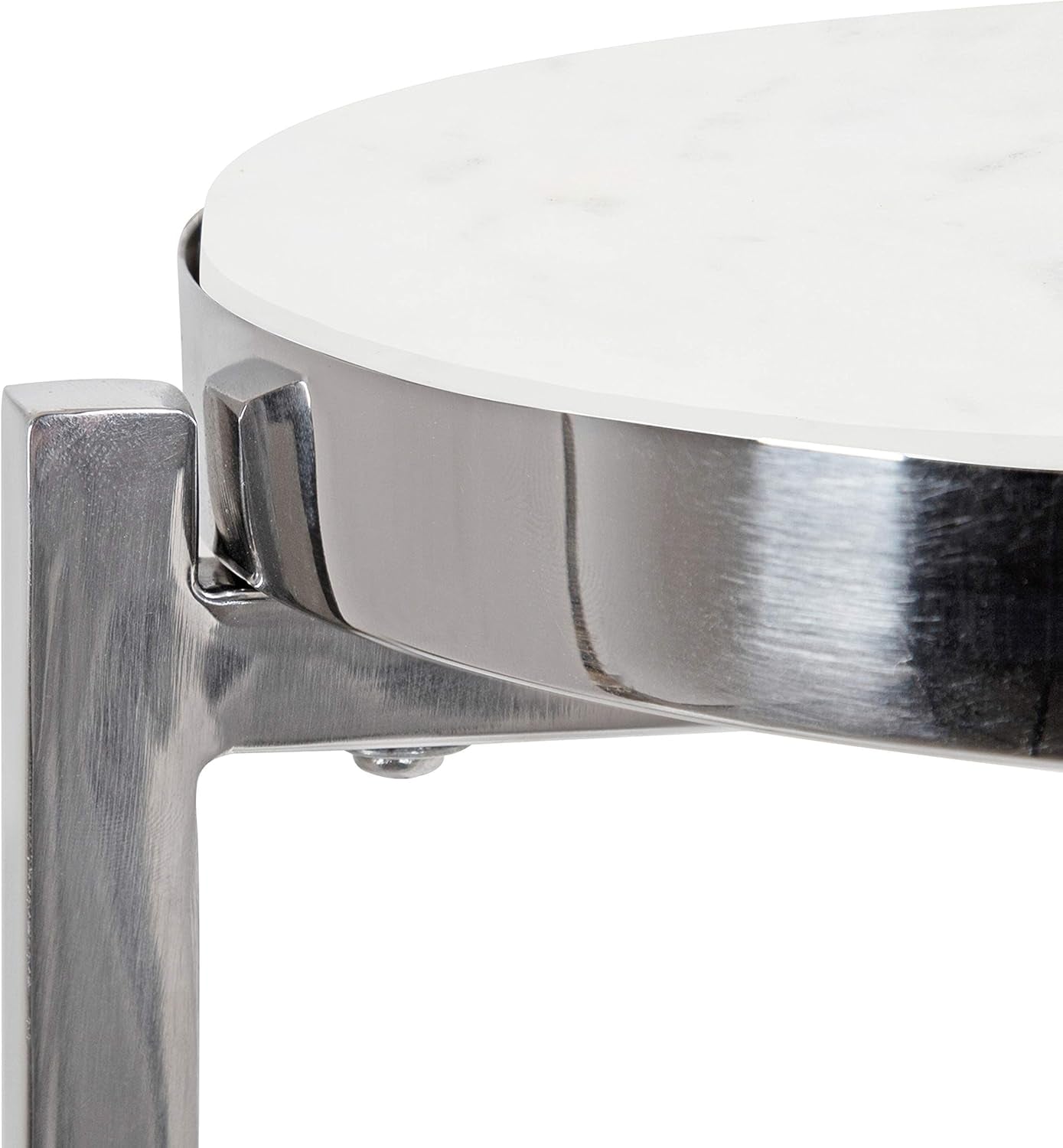 Aguilar Glam round Drink Table, 8 X 8 X 23, Silver and White, Small Accent Table for Use as Plant Pedestal Stand with Marble Tabletop