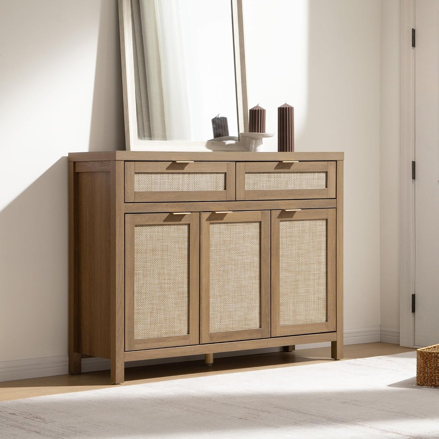 Rattan Sideboard Buffet Cabinet with Storage, Boho Credenza Accent Cabinet with 3 Doors and 2 Drawers, Farmhouse Console Coffee Bar for Kitchen, Living Room, and Entryway, Caramel Oak