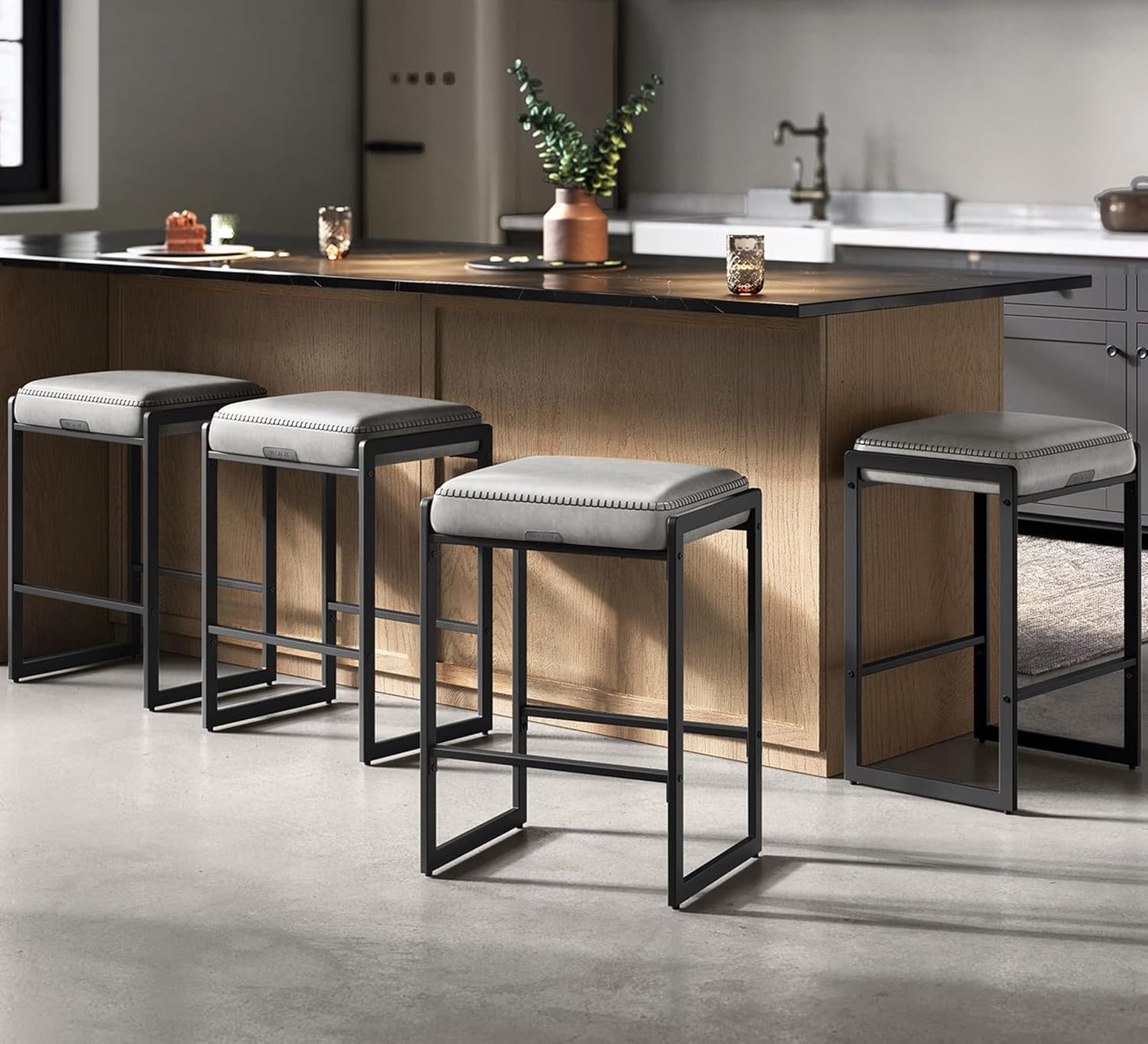 EKHO Collection - Bar Stools Set of 4, Counter Height Bar Stools, Synthetic Leather with Stitching, Mid-Century Modern Counter Stools, 26-Inch Tall, Kichen Home Bar Dining Room, Dove Gray