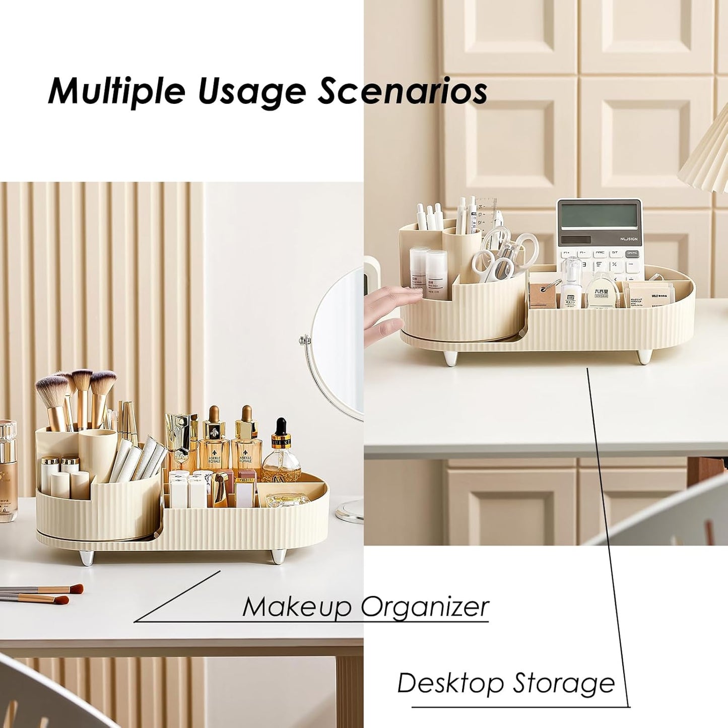 Makeup Organizer Countertop Rotating Makeup Organizer for Vanity Large Capacity Cosmetic Display Case with Makeup Brush Holder Cosmetic Organizer Countertop(Cream)