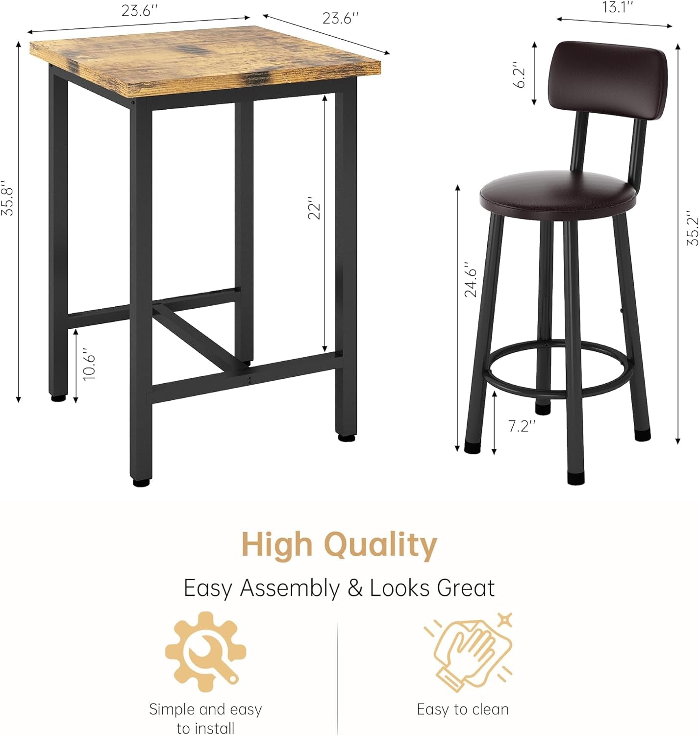3 Piece Pub Dining Set, Modern Bar Table and Stools for 2 Kitchen Counter Height Wood Top Bistro Easy Assemble for Breakfast Nook Living Room Small Space Restaurant, Rustic Brown 24”