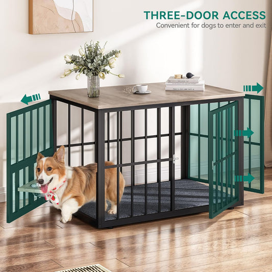 77.6" Large Corner Dog Crate Furniture for 2 Dogs, Steel Frame Cage with Double Doors & Bowls & 3 Doors, Double Dog Crate Furniture TV Stand for Medium Large Dogs, Grey
