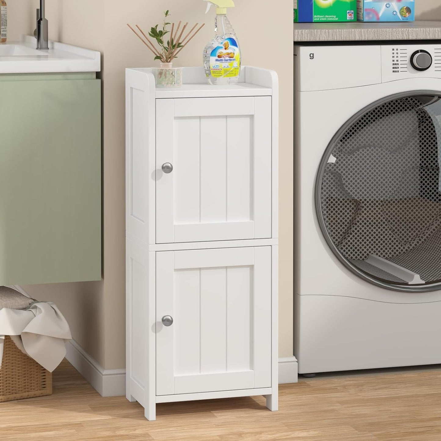 Small Bathroom Storage Cabinet, 30" Tall Freestanding Corner Floor Cabinet with opposite Doors & 5 Shelves (2 Adjustable), Narrow Toilet Paper Holder Organizer for Small Spaces, White