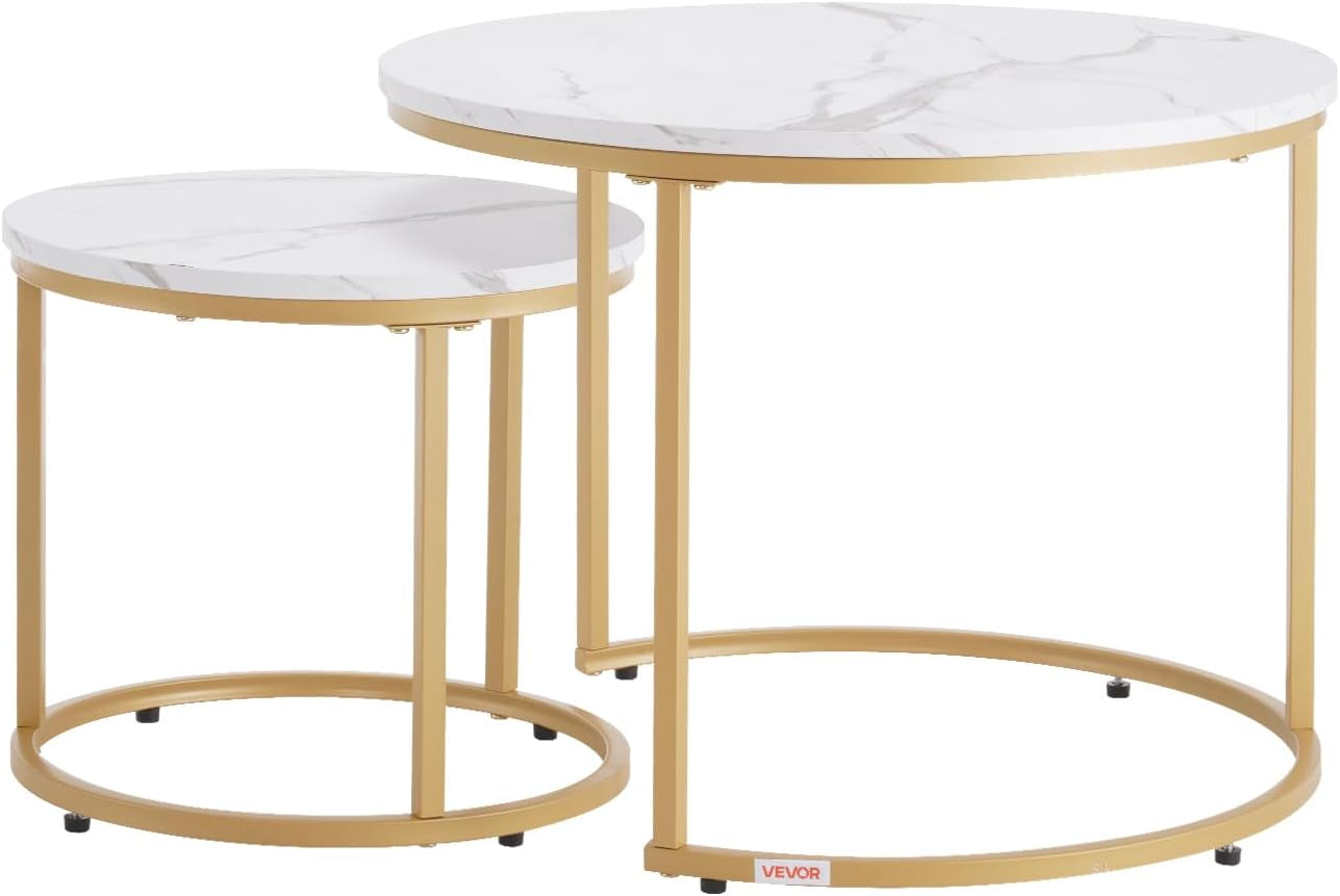 Nesting Coffee Table Set of 2, 23.6 in round Coffee Table, Nesting Tables for Small Place, Vintage End Side Tables Night Stand with Metal Frame, for Living Room, Bedroom, Office (White & Gold)