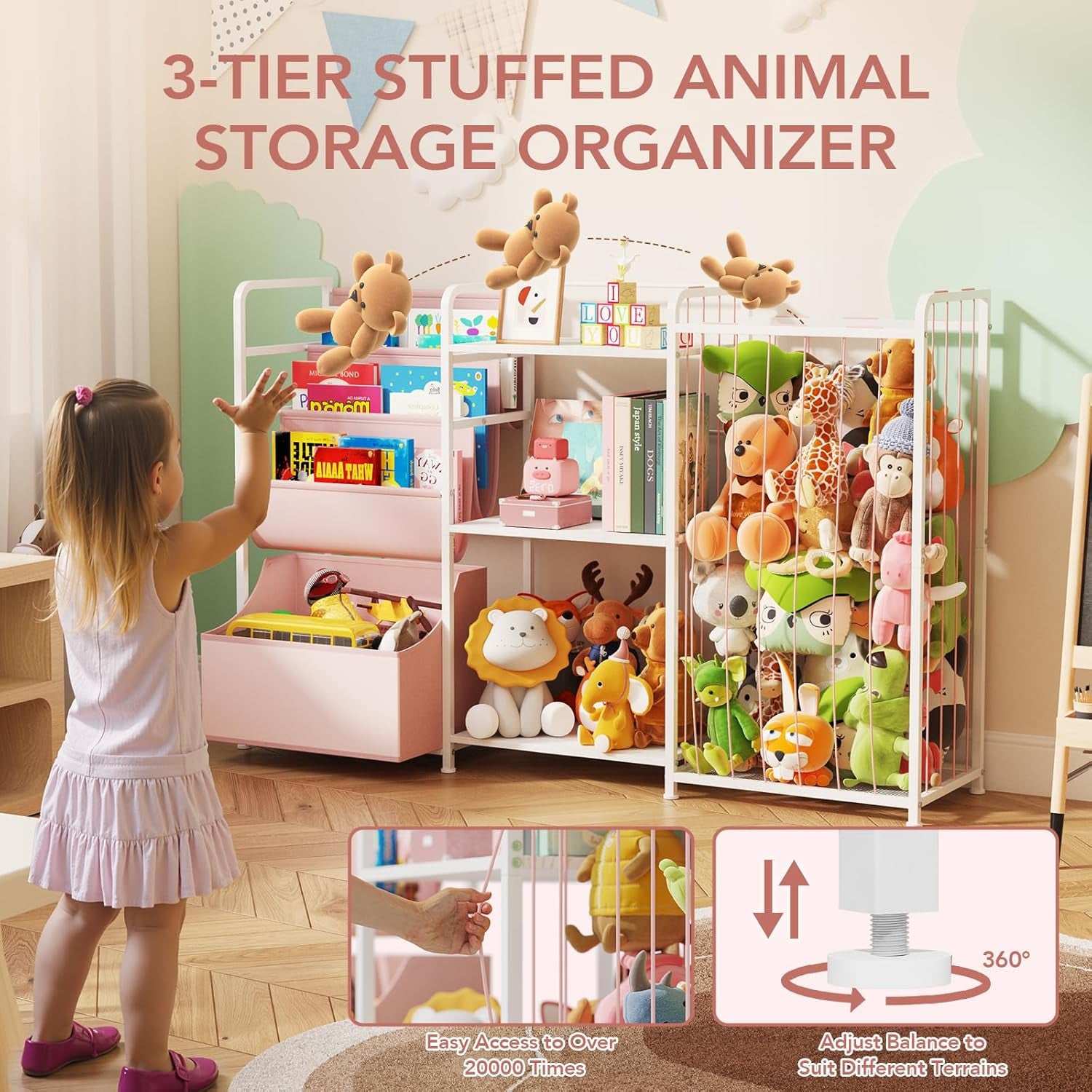 3In1 Stuffed Animal Storage Organizer - Toy Storage with Kids Bookshelf & Large Plushies Holder for Kids Room - Multi-Functional Furniture for Nursery, Bedroom, and Playroom, Pink