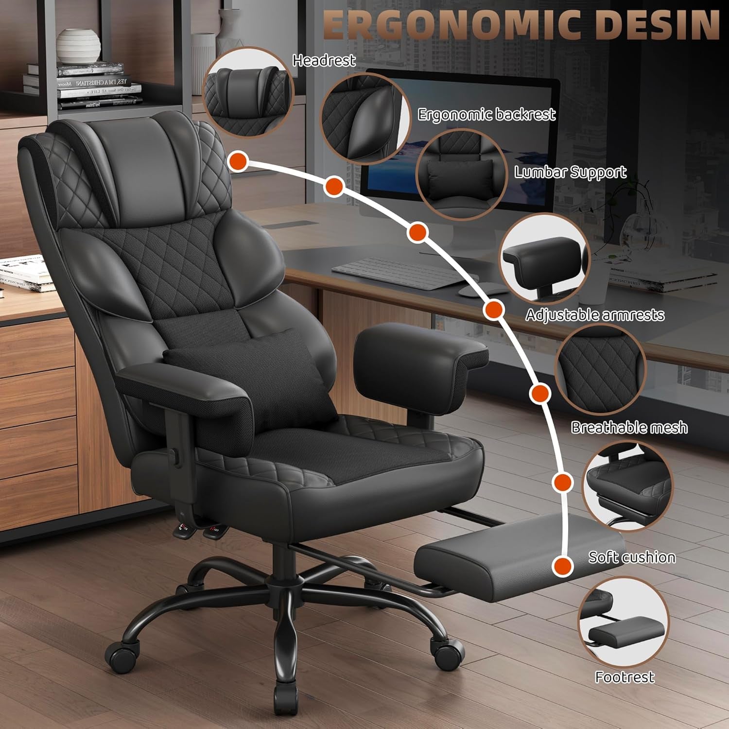 Big and Tall Office Chair, Computer Chair with Soft Adjustable Armrests, Ergonomic High Back Gaming Chair with Lumbar Support, Executive Chairs with Footrest (PU Leather + Mesh Fabric,Black)