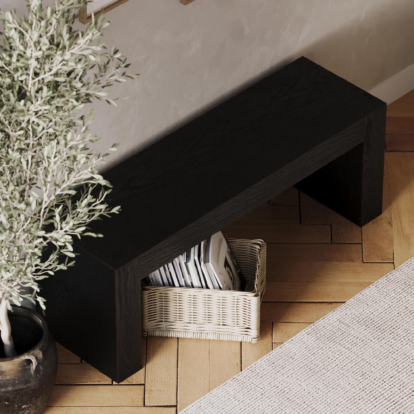 Zeno Contemporary Wooden Backless Bench Seating for Modern Dining, Kitchen Table, Entryway, Foyer, or Lobby in Weathered Black Finish