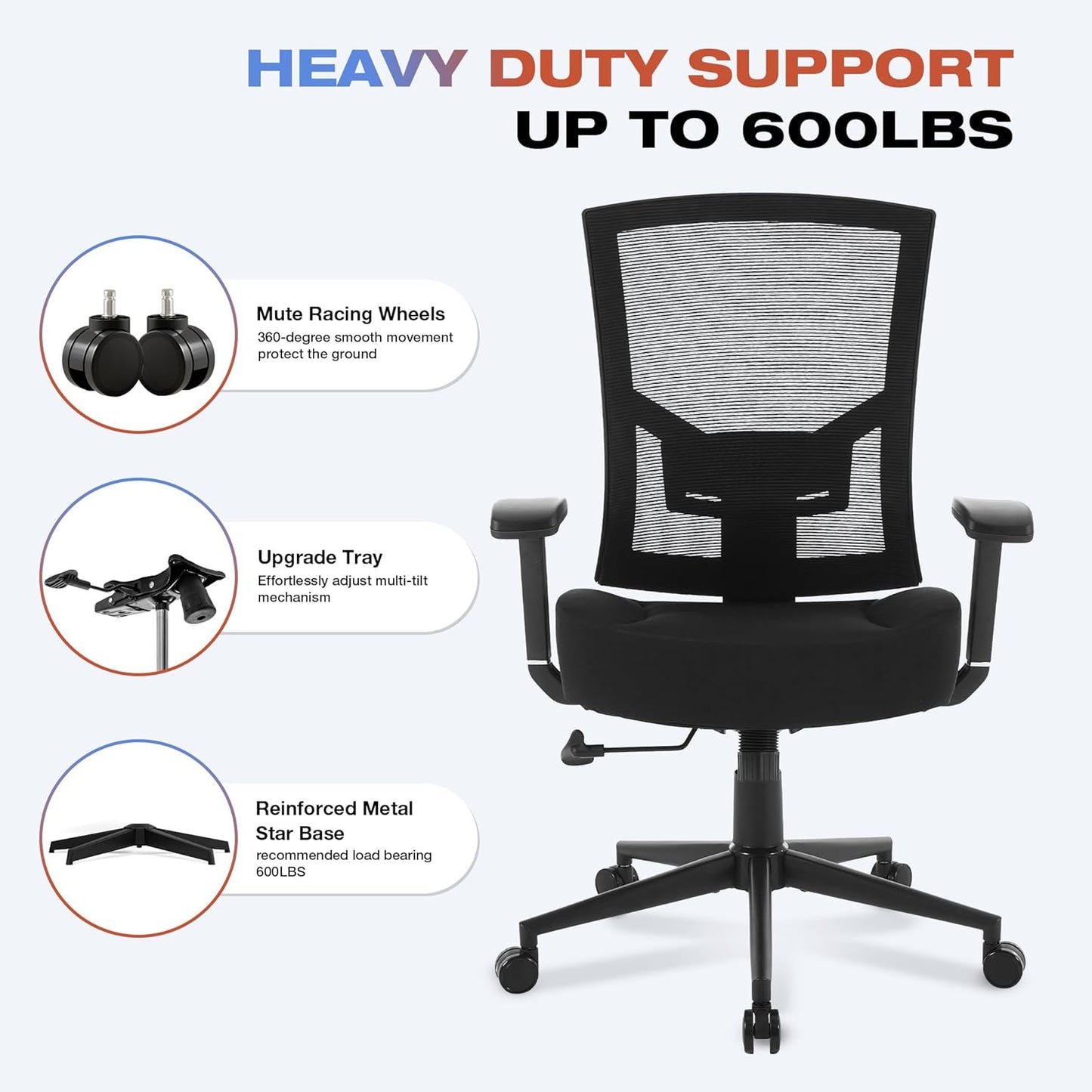 Big and Tall Office Chair 600Lbs with Lumbar Support for Eight Hour Daily Work Ergonomic Mesh Desk Chair Widen 3D Cushion for Reading, Gaming