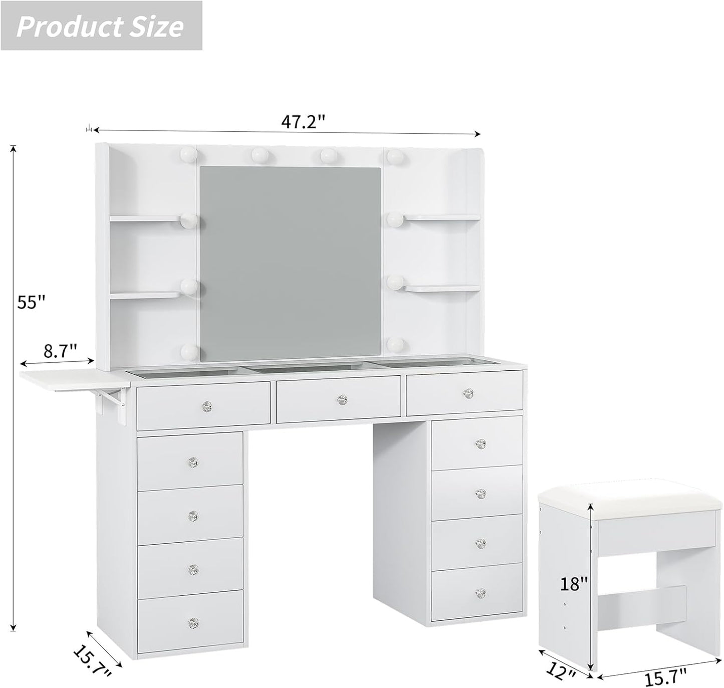 Vanity Desk with Power Outlet, 47'' W Makeup Table with Mirror and 12 LED Lights, 3 Color Lighting Modes, 11 Drawers Makeup Vanity with 4 Shelves, Fold-Up Panel, Glass Top, Vanity Set for Bedroom