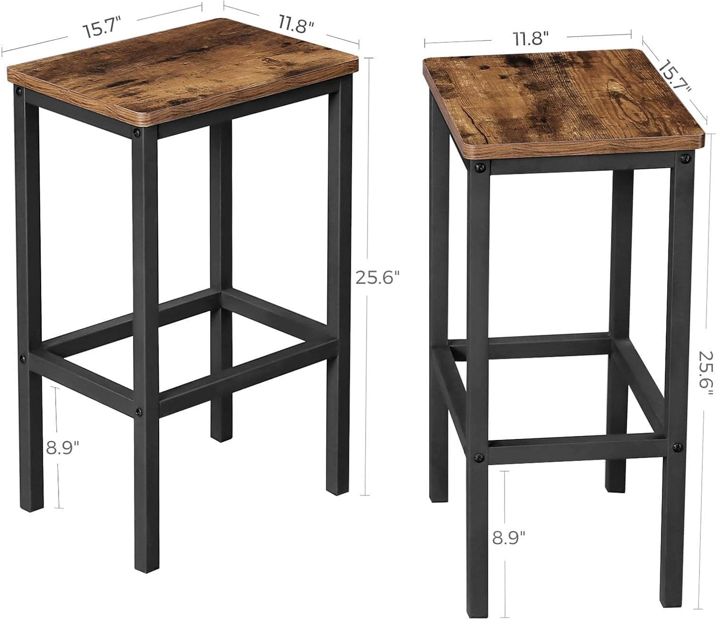 Bar Stools, Set of 2 PU Upholstered Breakfast Stool, 15.7 X 11.8 X 24.4 Inches, Backless, Simple Assembly, Industrial, Dining Room Kitchen Counter Bar, Black Seat and Black Frame ULBC068B81