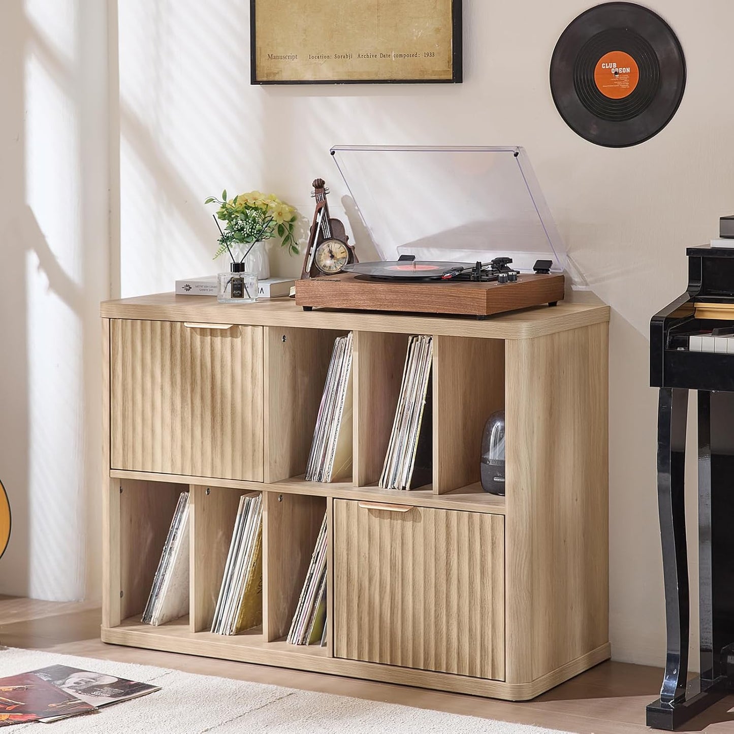 Large Record Player Stand with Vinyl Storage up to 450 Albums, Wood Fluted Boho Record Storage Accent Cabinet, Modern Stereo Media Cabinets, Wide Turntable Stand for Living Room, Natural Oak