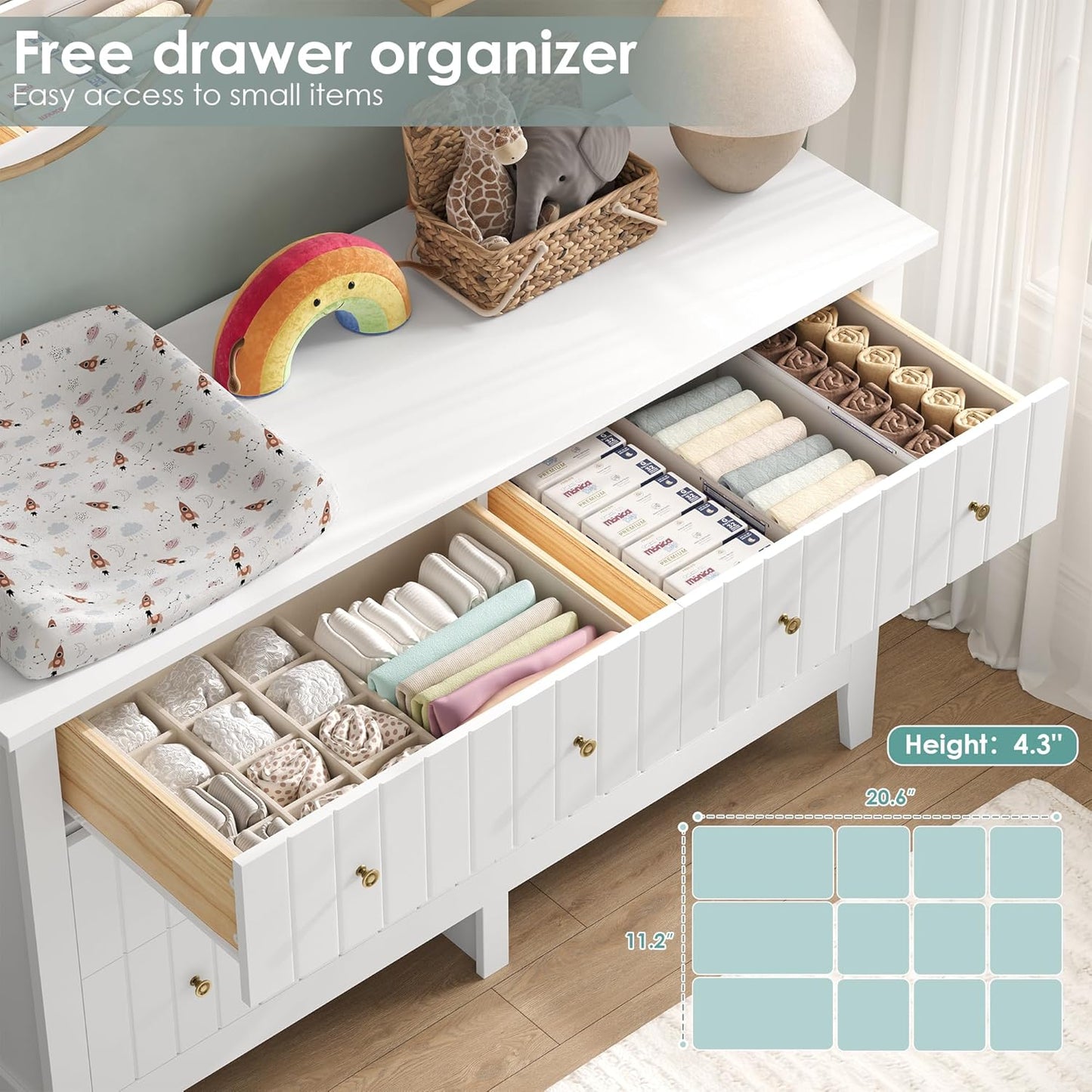 White Dresser, Chest of Drawers, Modern 6 Drawer Double Dressers with Deep Drawers, Nursery Dresser for Baby, Wide Storage Organizer Cabinet for Living Room, Hallway,White