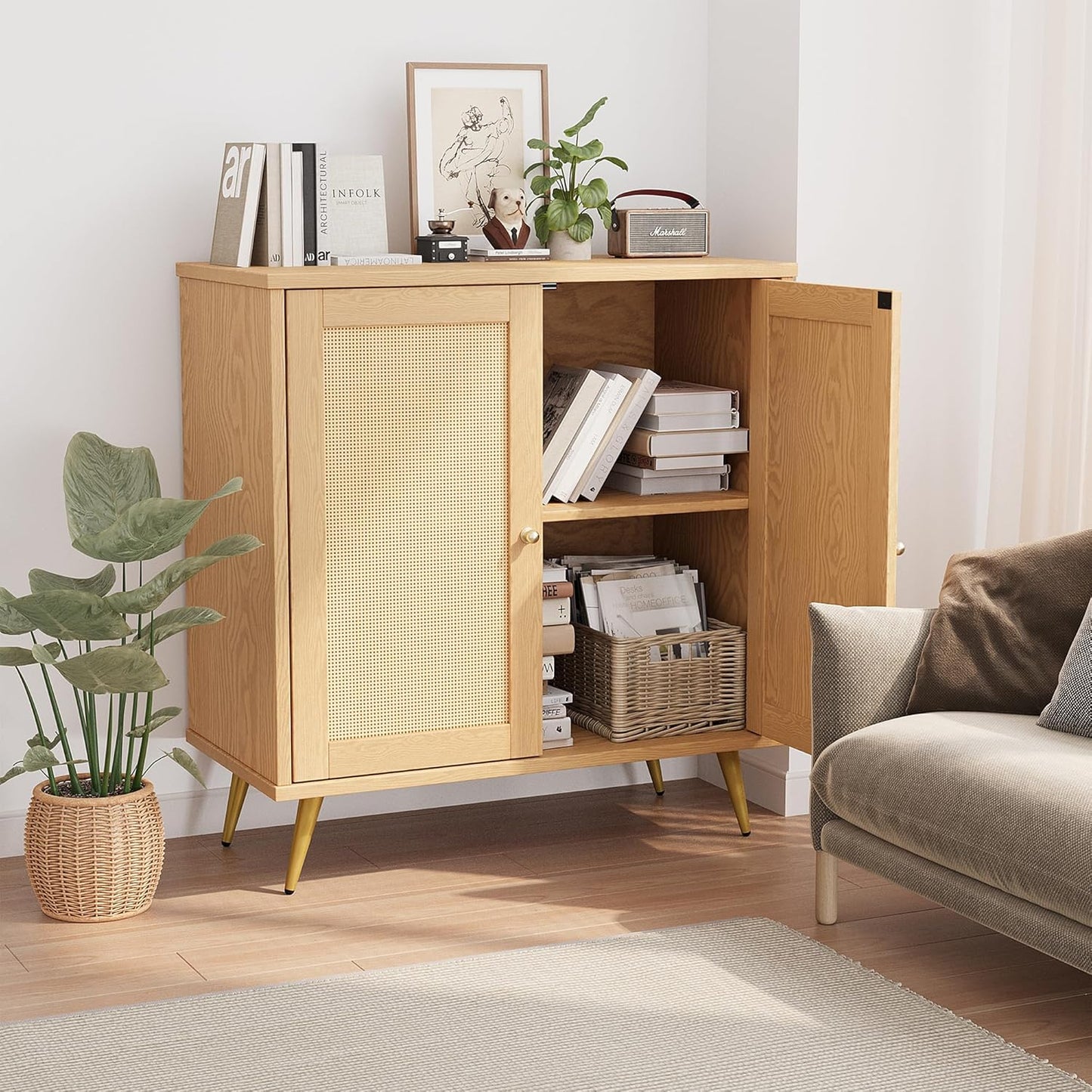 Rattan Buffet Cabinet with Storage, Sideboard Buffet Cabinet with Rattan Decor Doors, Modern Wood Cupboard for Kitchen Living Room Dining Room Hallway Entry, Natural