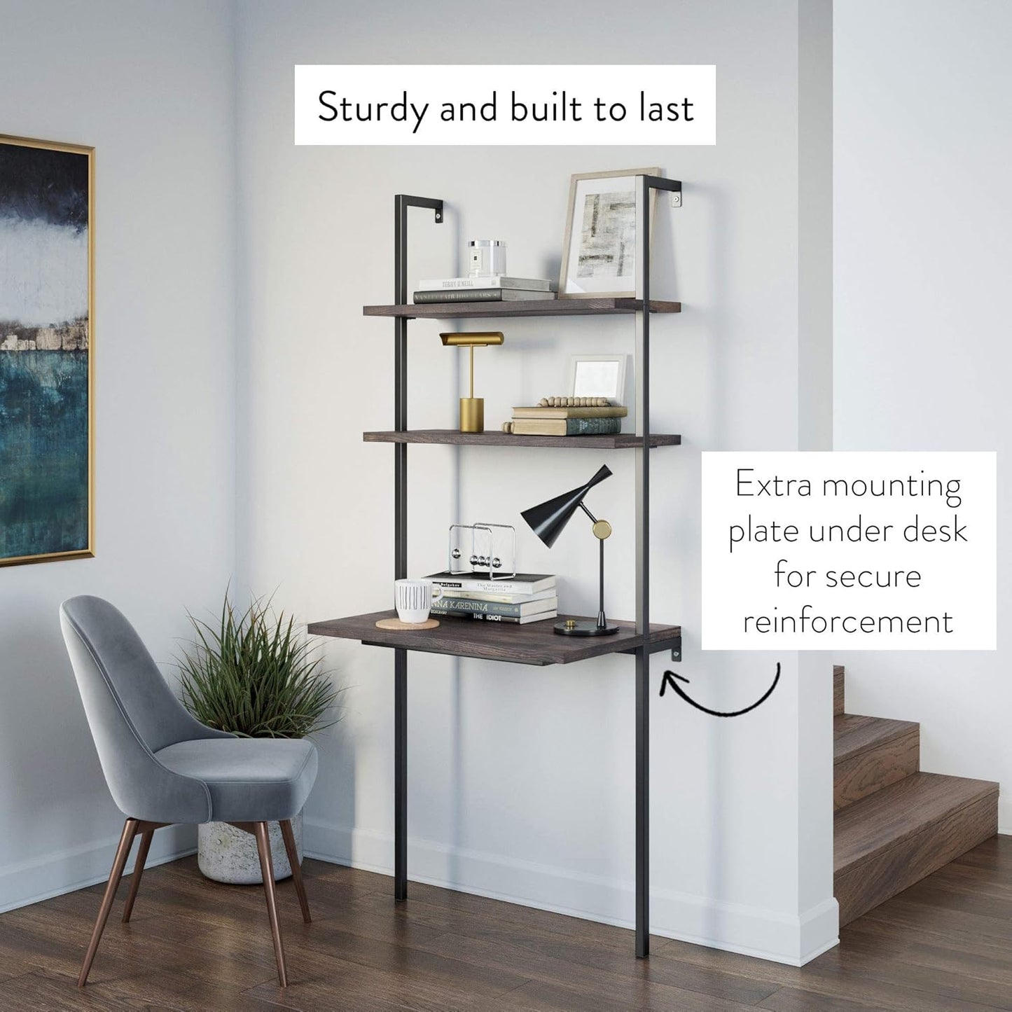 Theo 2-Shelf Industrial Wall Mount Ladder Table, Small Computer or Writing Desk, Nutmeg/Matte Black