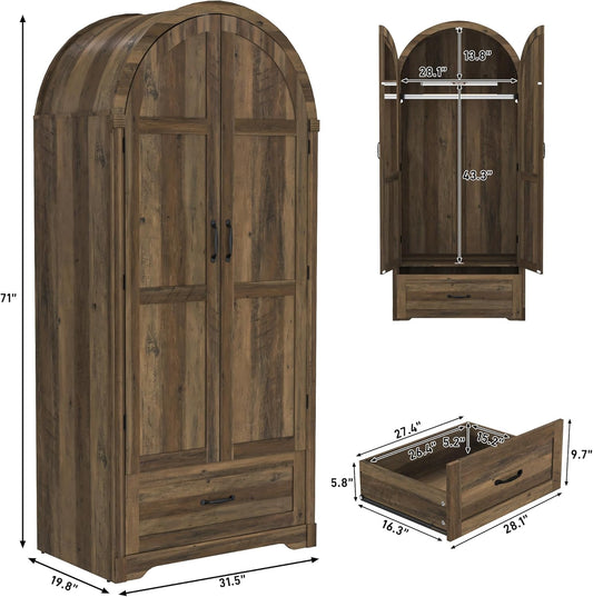 2 Doors with Mirror and Lights, 71" Farmhouse Arched Wooden Wardrobe Cabinet with Drawers,Hanging Rod, Clothing Storage Closet Cabinet for Bedroom,Light Rustic Oak