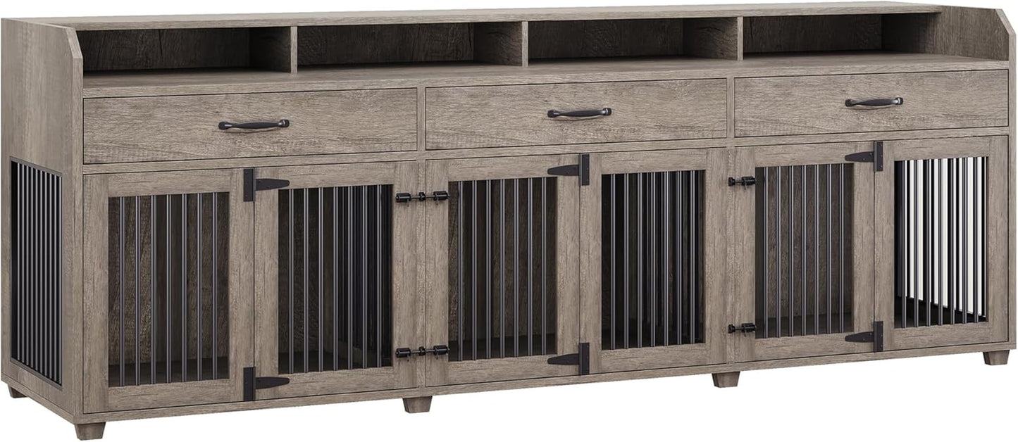95" Large Dog Crate Furniture with Storage, 3-Room Indoor Wooden Dog Kennel for Large/Medium Dogs, TV Stand & Sideboard with Drawers & Removable Divider, Grey