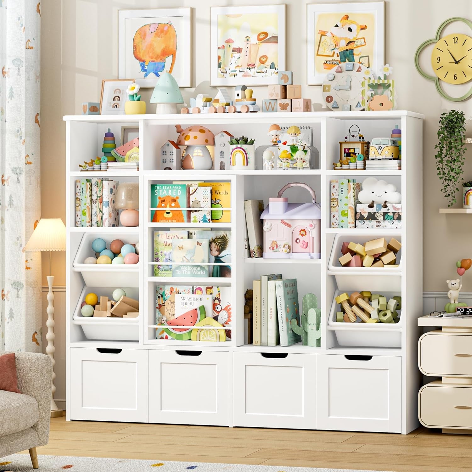 55.1’’ W Toy Storage with Sliding Bookshelf, Large Toy Organizer Kids Bookshelf with 4 Movable Drawers and 4 Storage Bins, Toy Bins for Kids Organizer Playroom Storage for Kid Room, White