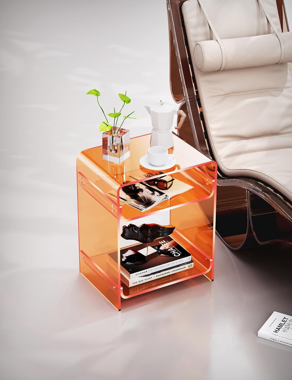 Acrylic End Table Record Player Table with Storage Shelf Clear Side Table Nightstand, Orange