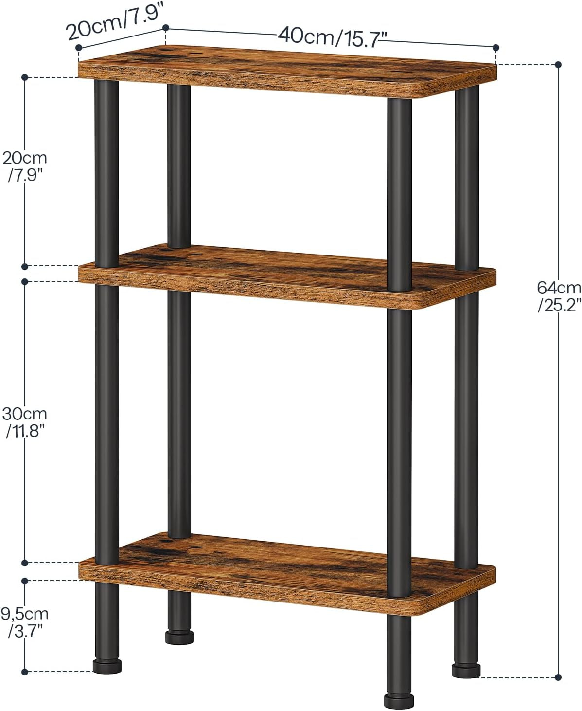 Narrow Side Table, 3-Tier Slim End Table No Tools Needed, Twist-On Assembly, Skinny Nightstand Sofa Storage Shelf for Living Room, Bedroom, Study, Rustic Brown and Black BF246BZP201