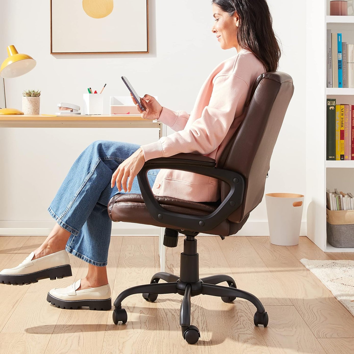 Classic Puresoft PU Padded Mid-Back Height Adjustable Office Computer Desk Chair with Armrest, 25.75"D X 24.25"W X 42.25"H, Brown