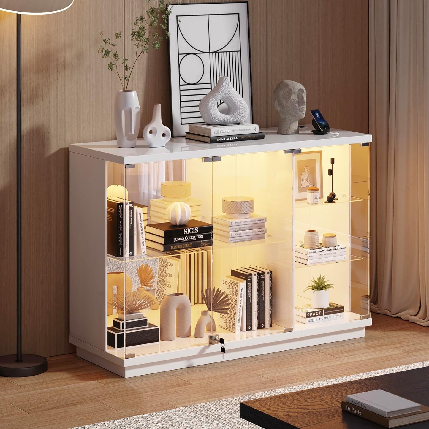 Glass Display Cabinet with Lock & LED Light, High Gloss Sideboard with Human Body Sensor & Glass Shelves for Toys, Books, Collectibles, Liquor, Bookcase for Living Room, Kitchen, Study, White