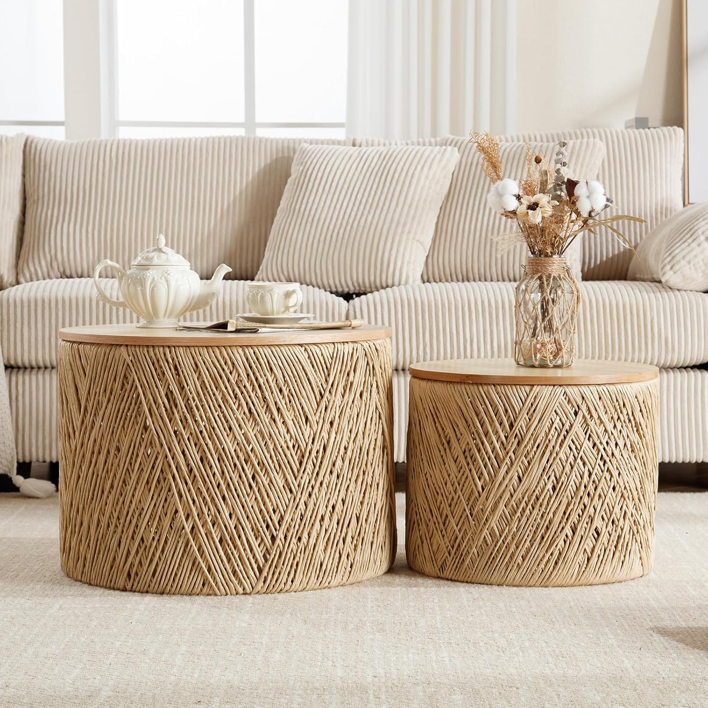 24" round Wood Nesting Coffee Table Set of 2 Handcraft Woven & Rope Rattan Sofa Tables Both with Storage Drum End Side Table for Small Space Living Room No Assembly Needed, Natural Color