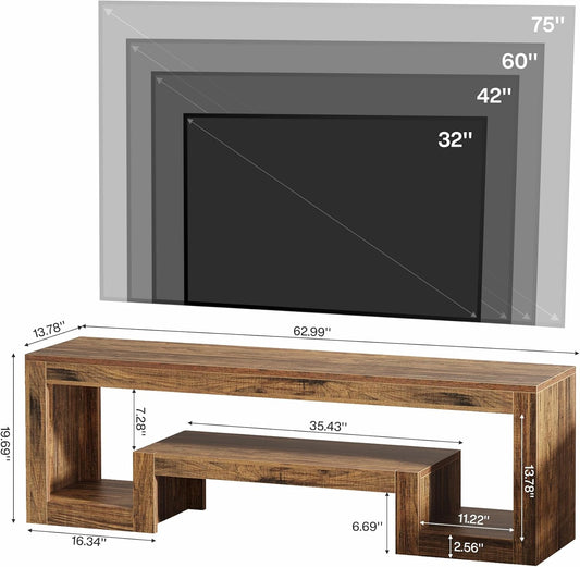 63-Inch TV Stand for 55/60/65/75-Inch Tvs, Farmhouse Entertainment Center with Open Storage Shelves, Rustic Brown Television Console for Living Room, Bedroom