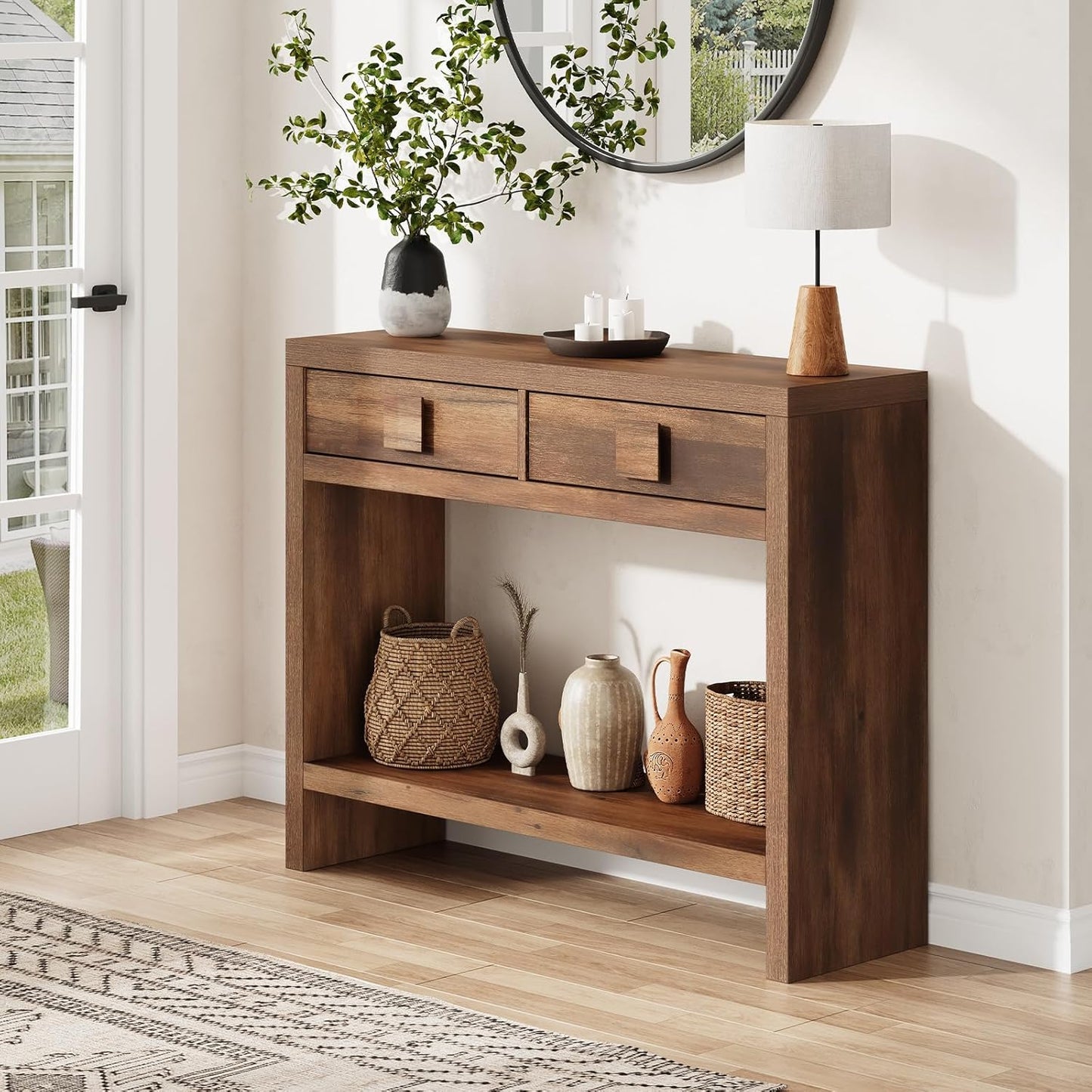 Console Table with Drawers, 47 Inch Narrow Entryway Table with Open Storage Shelves, Mid Century Modern Hallway Accent Tables behind Couch Table for Living Room (Vintage Brown)