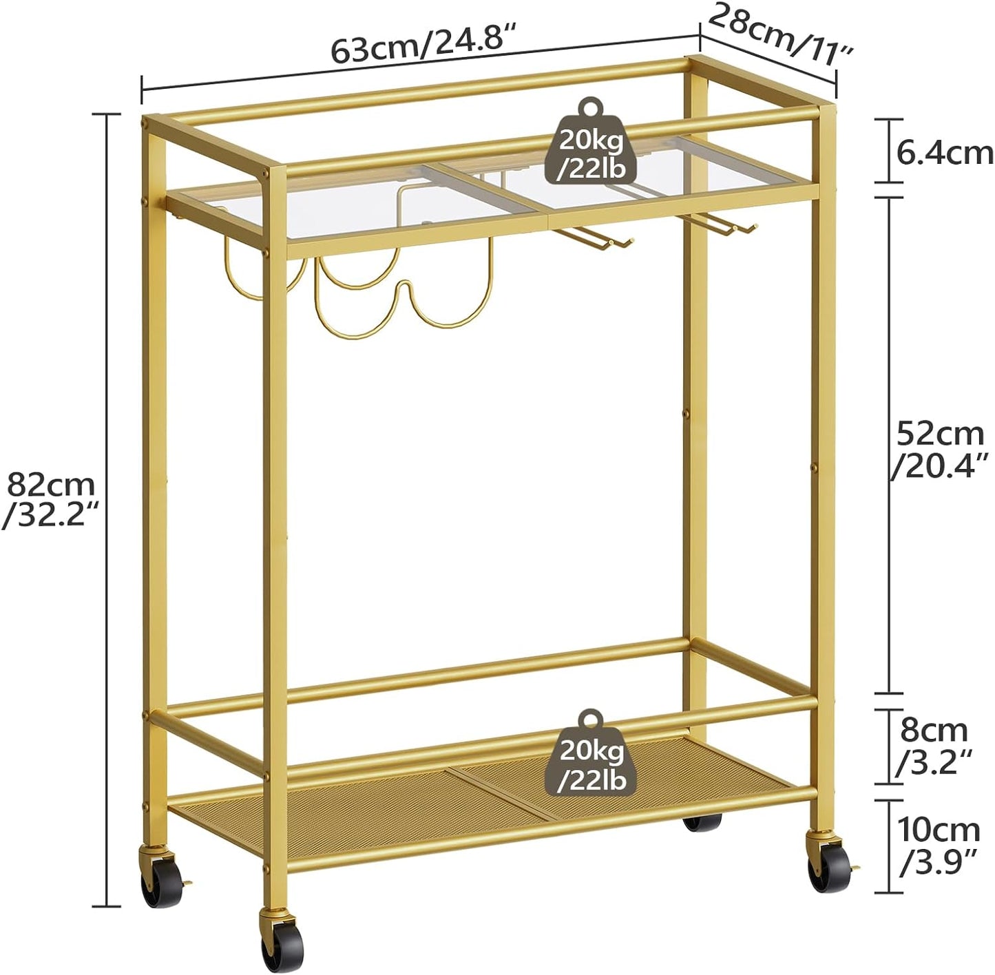 Gold Bar Cart, Beverage Cart with Wheels, Bar Cart for the Home, 2-Tier Drink Cart with Wine Rack and Glass Holder, Kitchen, Dining Room, Gold RCJ63B01Z