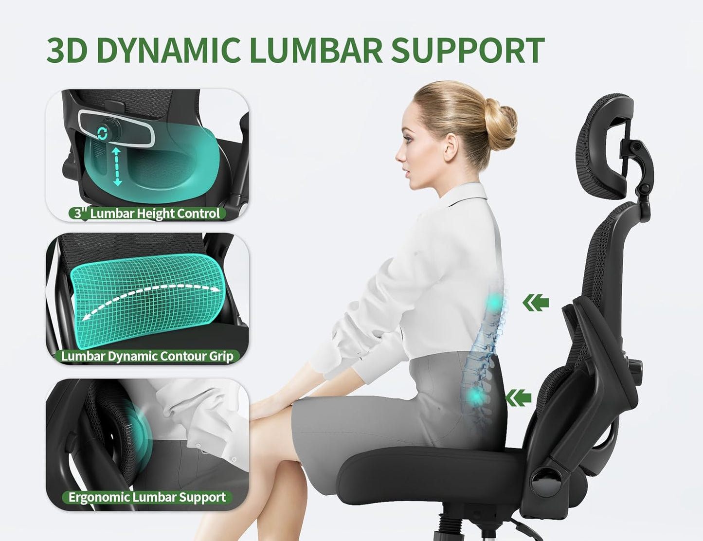 Ergonomic Office Chair - Computer Desk Chair with Adjustable Lumbar Support - 400Lbs Executive Desk Chair High Back with Headrest Flip-Up Arms for Long Hours, Rolling Chair (White Black)