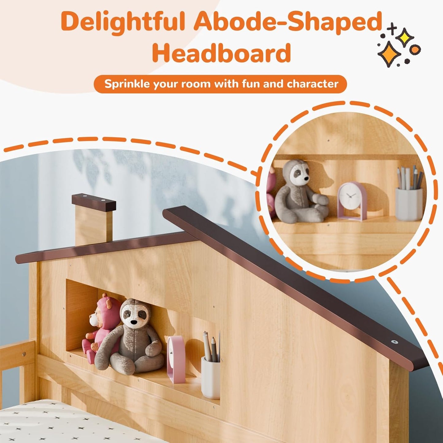 Twin Size Kids Bed with Storage - Solid Wood House Headboard & Safety Guardrails, Space-Saving Bed Frame, No Box Spring, Natural Brown