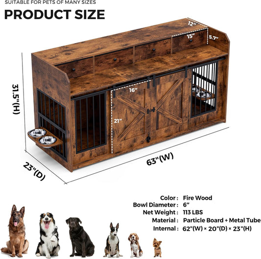 63" Double Dog Crate Furniture – Wooden Dog Kennel Indoor with Sliding Doors, Adjustable Bowls & Storage Drawers – Large Dog Crate TV Stand for 2 Dogs, Burnt Wood Color