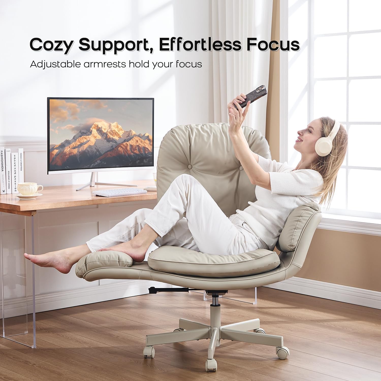 Criss Cross Chair with Armrests & Wheels for Cross-Legged Sitting ,Comfortable Adjustable Swivel Office Desk Chair –PU Leather Vanity Chair for Home, Makeup and Bedroom (Cream)