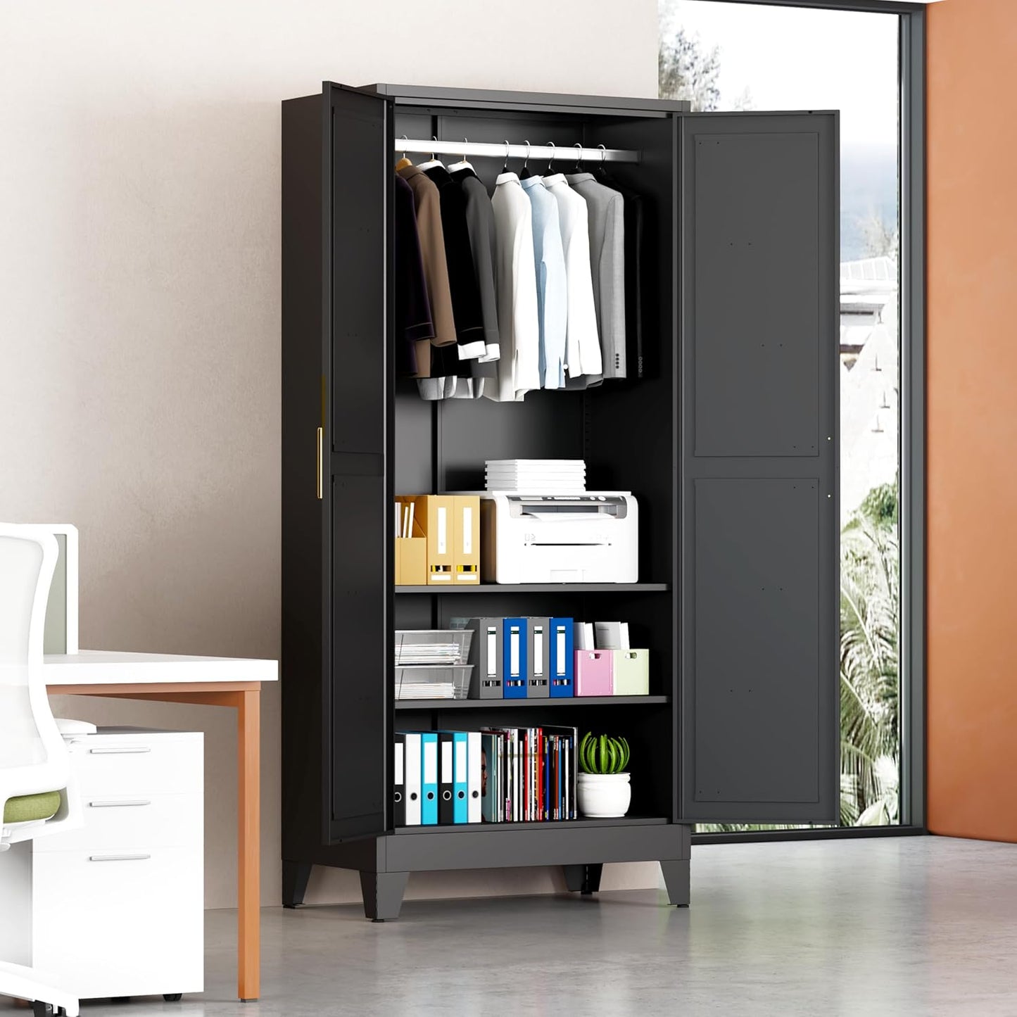 Metal Armoire Wardrobe Closet with Doors and Shelves, 71" Tall Metal Wardrobe Closet with Hanger Rod and Clothing Shelf, Black Farmhouse Bedroom Armoire Steel Storage Cabinet for Bedroom