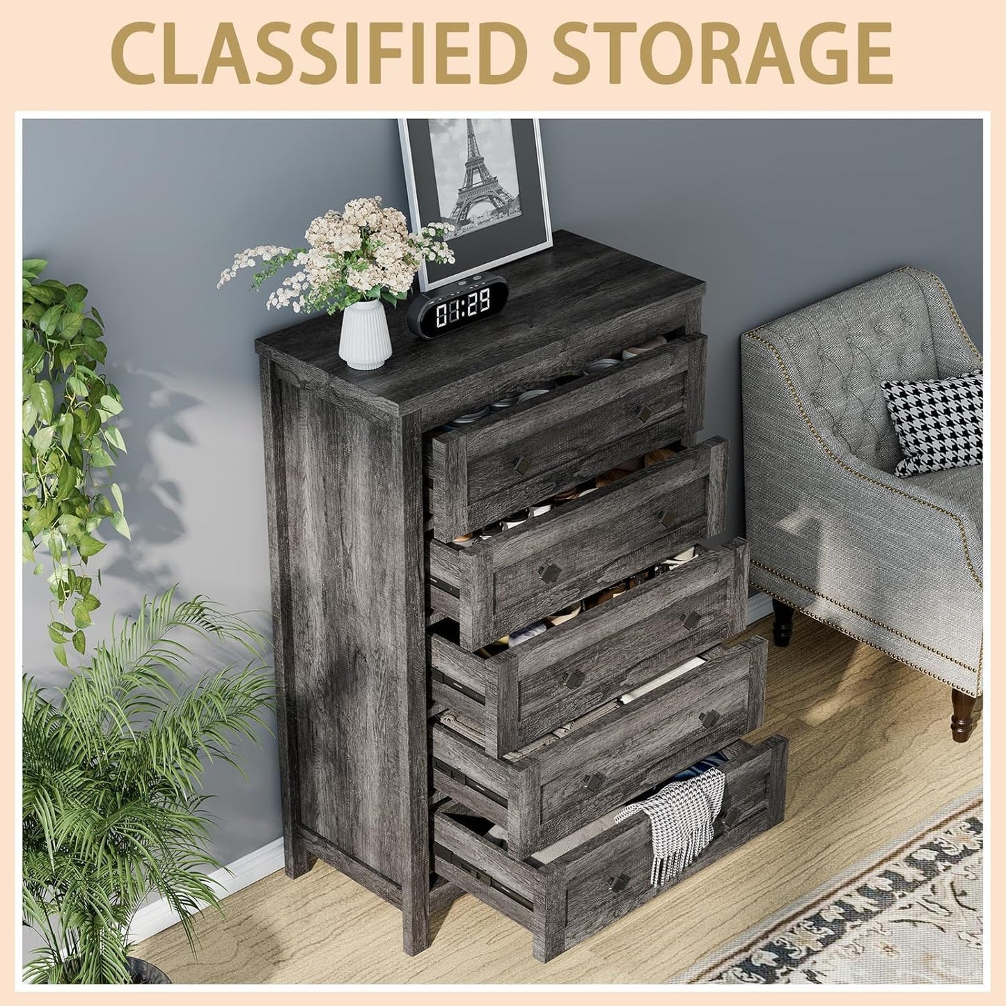 2-Piece Bedroom Set, Farmhouse Full Size Bed Frame and 5 Drawers Dresser, Wooden Storage Bed with Charging Station & 4 Drawers, Tall Dressers Organizer with Metal Handles for Bedroom, Grey