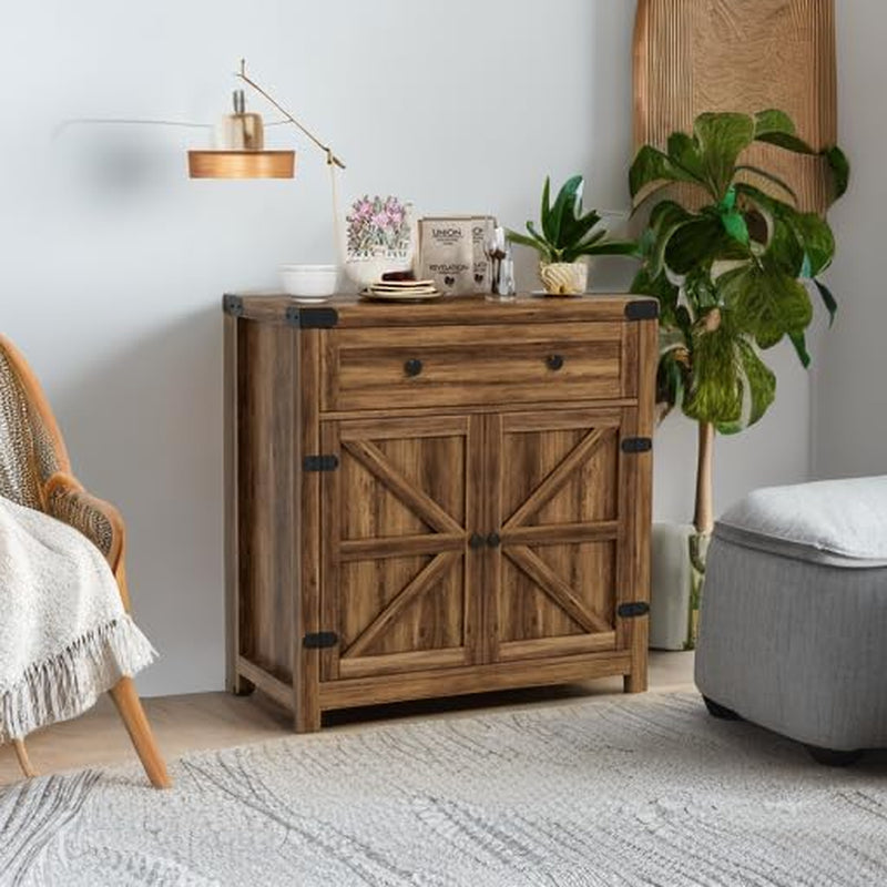 Coffee Bar and Accent Cabinet, Farmhouse Barn Door Buffet Sideboard with Drawer and Adjustable Shelf, Wide Desktop for Kitchen, Dining Room, Bathroom, Entryway, Brown