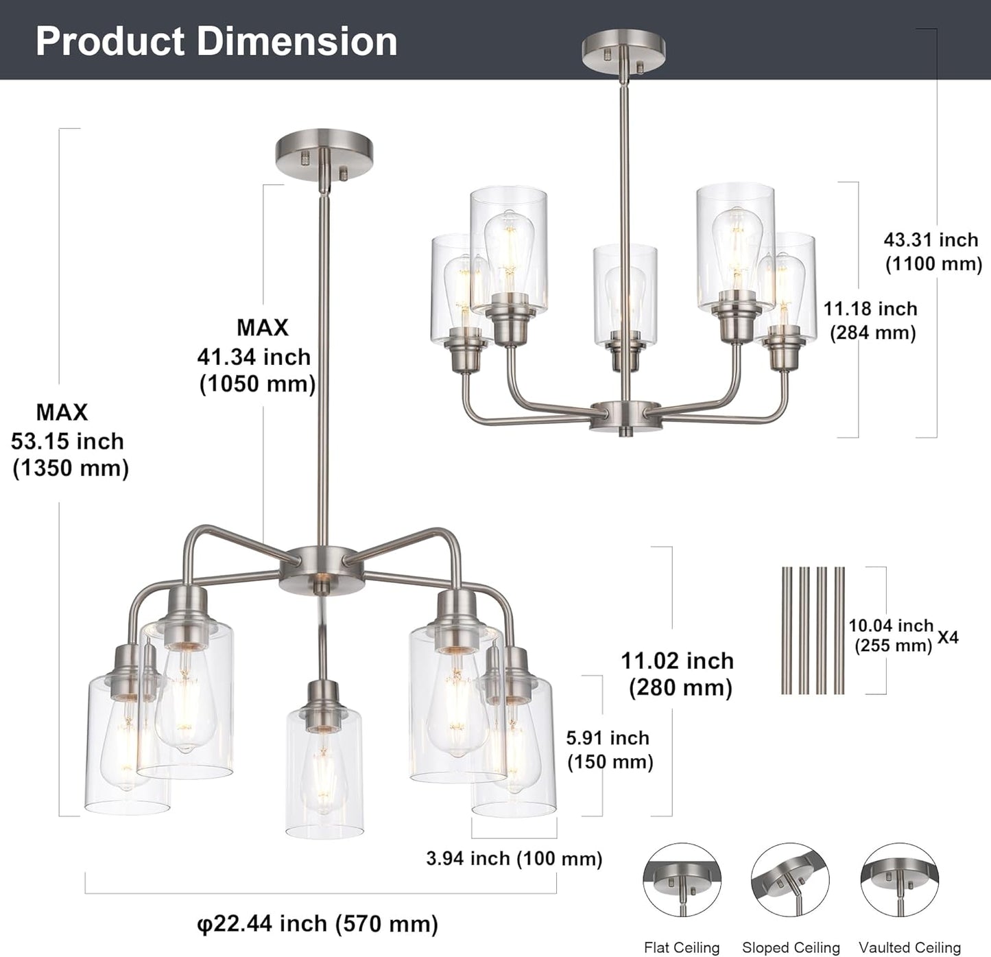 5-Light Brushed Nickel Chandelier with Clear Glass Shades, E26 Base Modern Pendant Light Fixture, Adjustable Swivel Heads Ceiling Lighting, Farmhouse Chandelier for Dining Room Kitchen Hallway