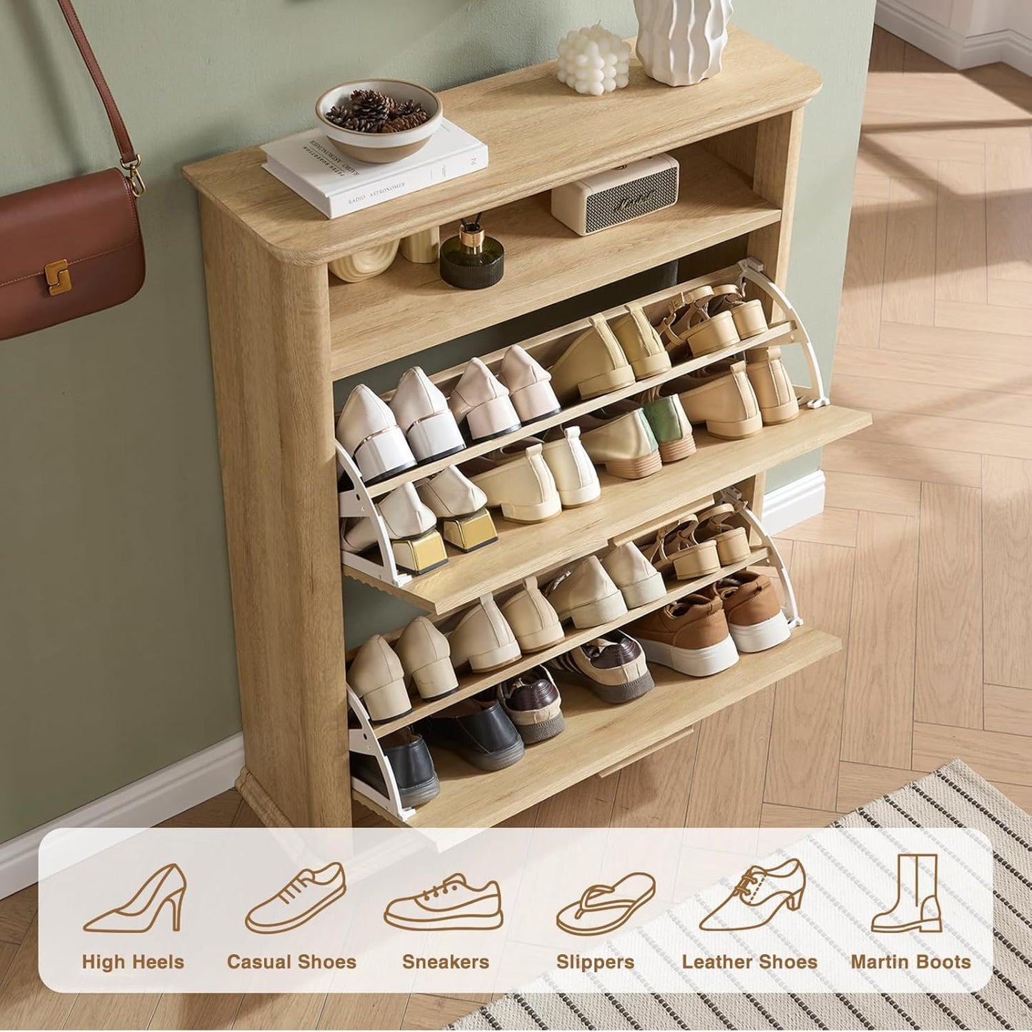 Fluted Narrow Shoe Cabinet with 2 Flip Drawers, Modern Shoe Storage Cabinet with Open Storage & Curved Profile Design, Wood Shoes Rack for Entryway, Hallway, Foyer, Oak