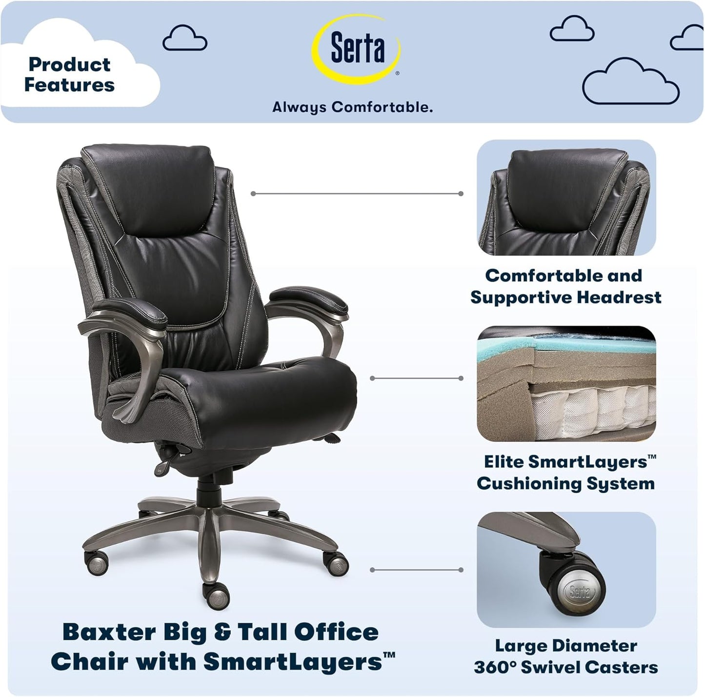 Baxter Big and Tall Smart Layers Executive Office Chair with Comfortcoils, Ergonomic Computer Chair with Layered Body Pillows, Black & Gray Bonded Leather