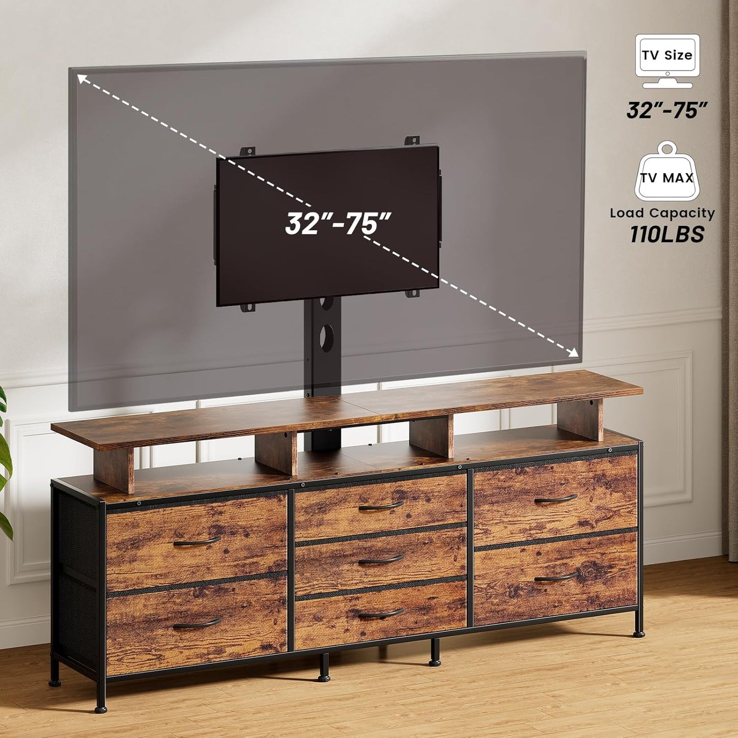 TV Stand with Mount, 63" Entertainment Center for 32/45/55/60/65/70 Inch Tvs, Media Console Table with 7 Drawers, Height Adjustable Mount, Dresser TV Stand for Living Room, Rustic Brown