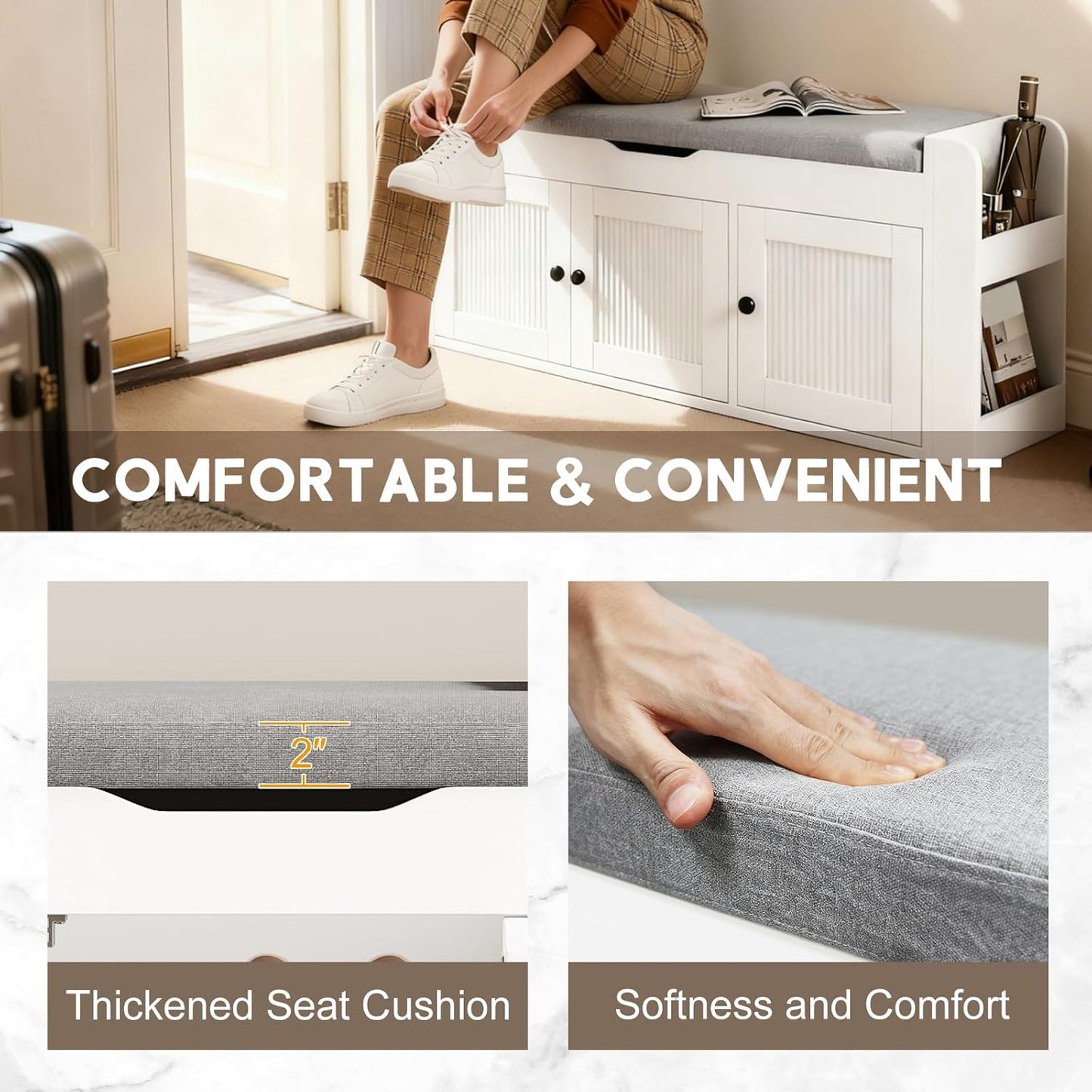 42.6" Storage Bench - Entryway Shoe Bench with Side Storage Shelves and 3 Doors, Multifunctional Entryway Bench with Lift Top Cushion, Shoe Storage Bench for Bedroom, Living Room, White