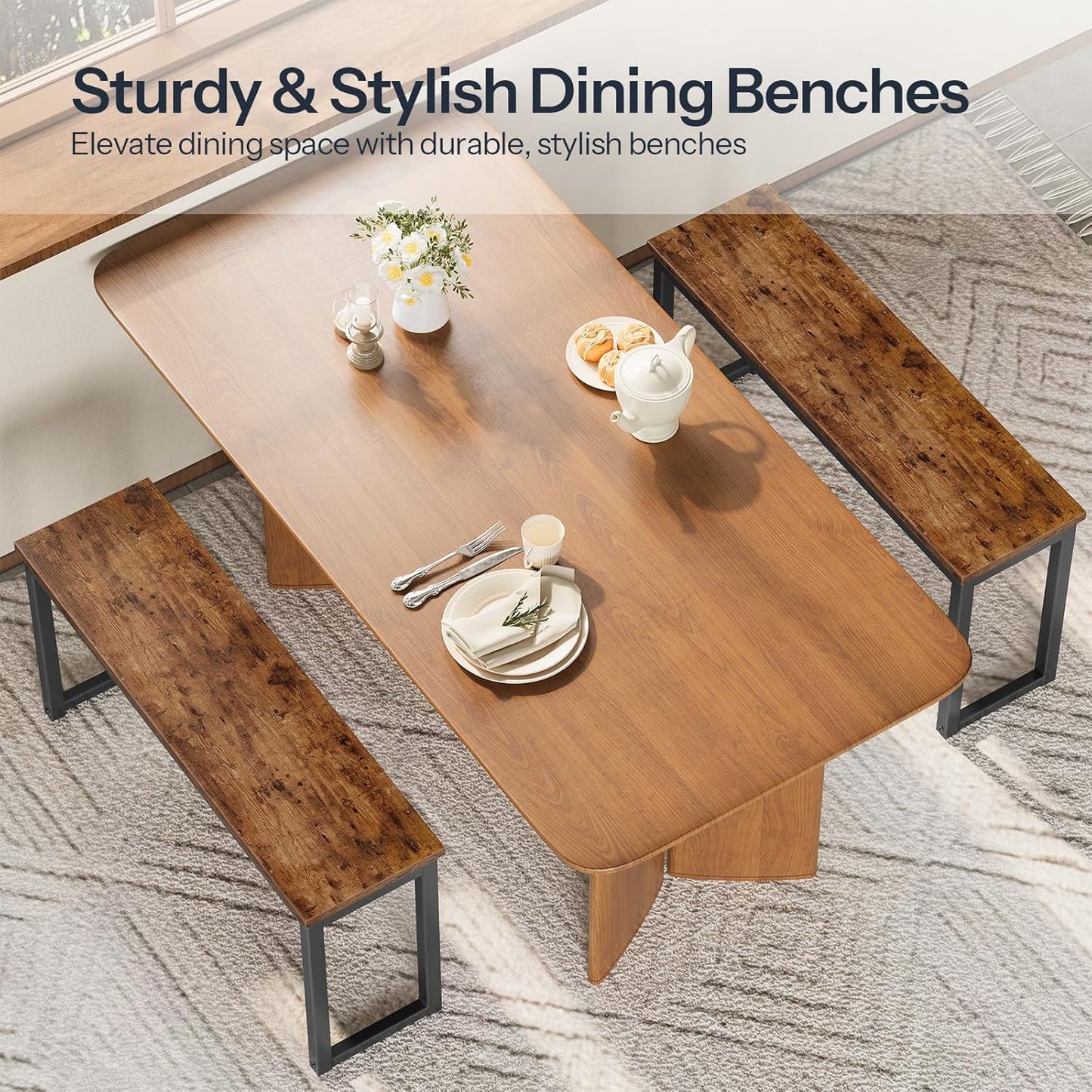 Dining Benches, Pair of 2 Industrial Style Indoor Benches, Durable Metal Frame, for Kitchen, Dining Room, Living Room, Rustic Brown BF01CD01