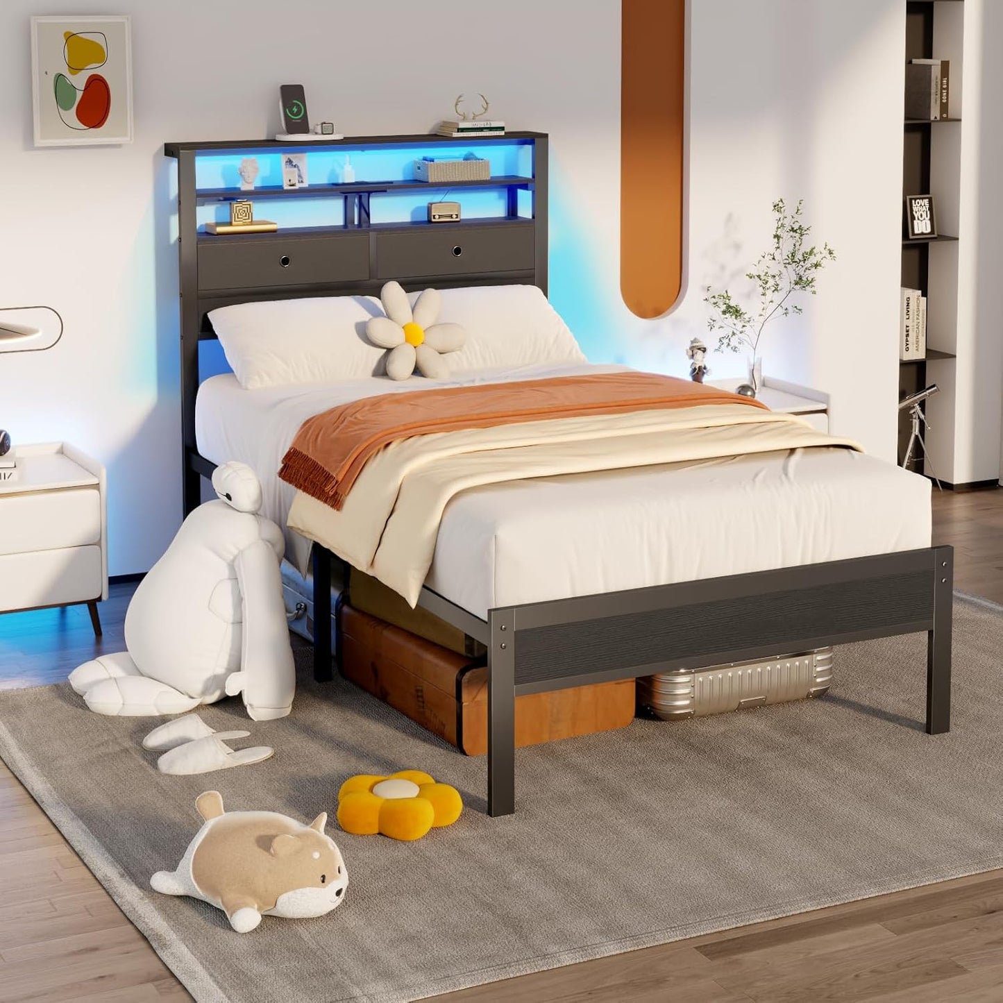 Twin Bed Frames with Charging Station and LED Lights, Wood Headboard with 2 Fabric Drawers and Storage Shelves, Twin Size Platform Bed with Metal Slats, No Box Spring Needed, Black Oak